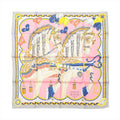 Hermès Carré 90 pink silk scarf with two illustrated horses in ornate harnesses, feather plumes, heart details, and a gray border with blue and yellow trim.