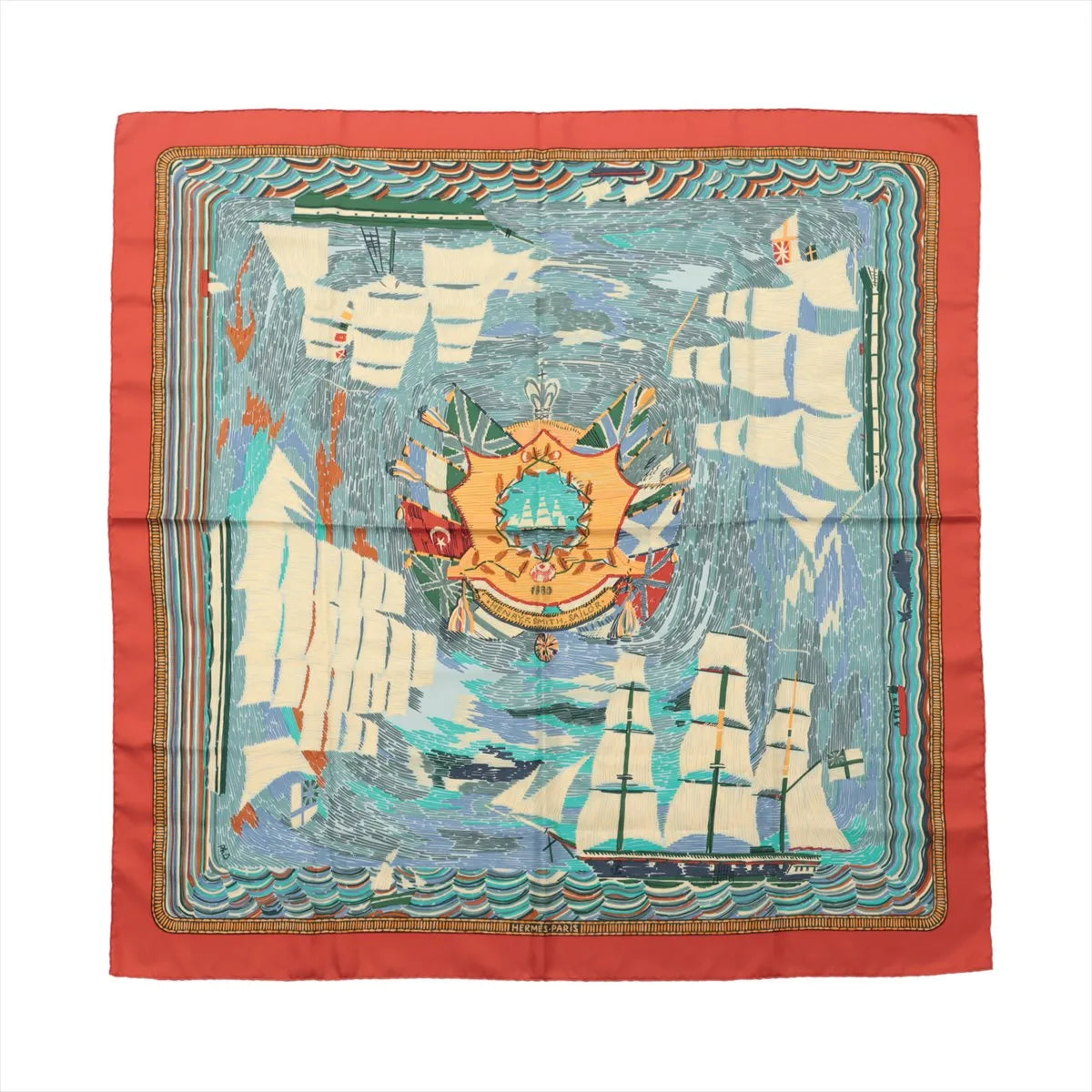 Hermès Carré 90 “Henry F. Smith Sailor” silk scarf with orange border, blue sea scene, sailing ships, and central crest motif.