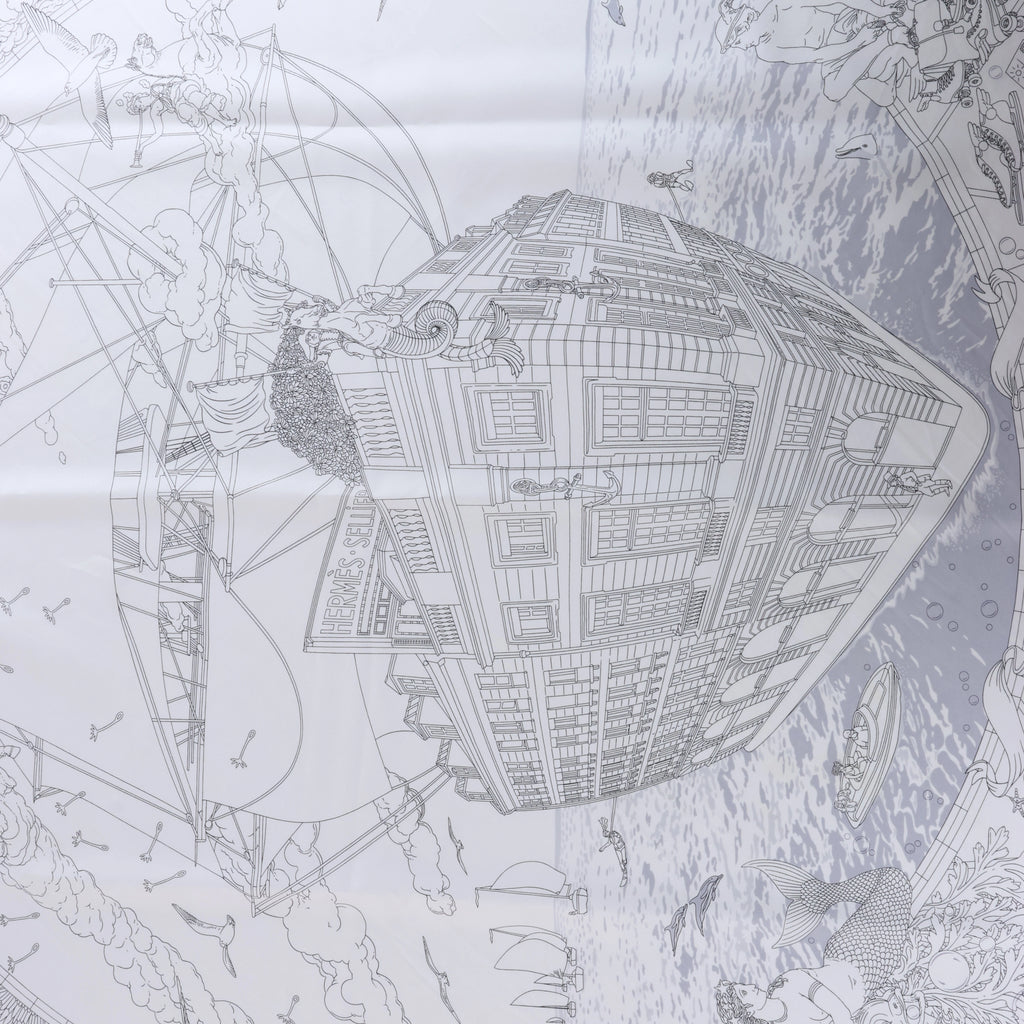 Hermès Carré 90 "HERMES FRAGSHIP" Silk handkerchief in White