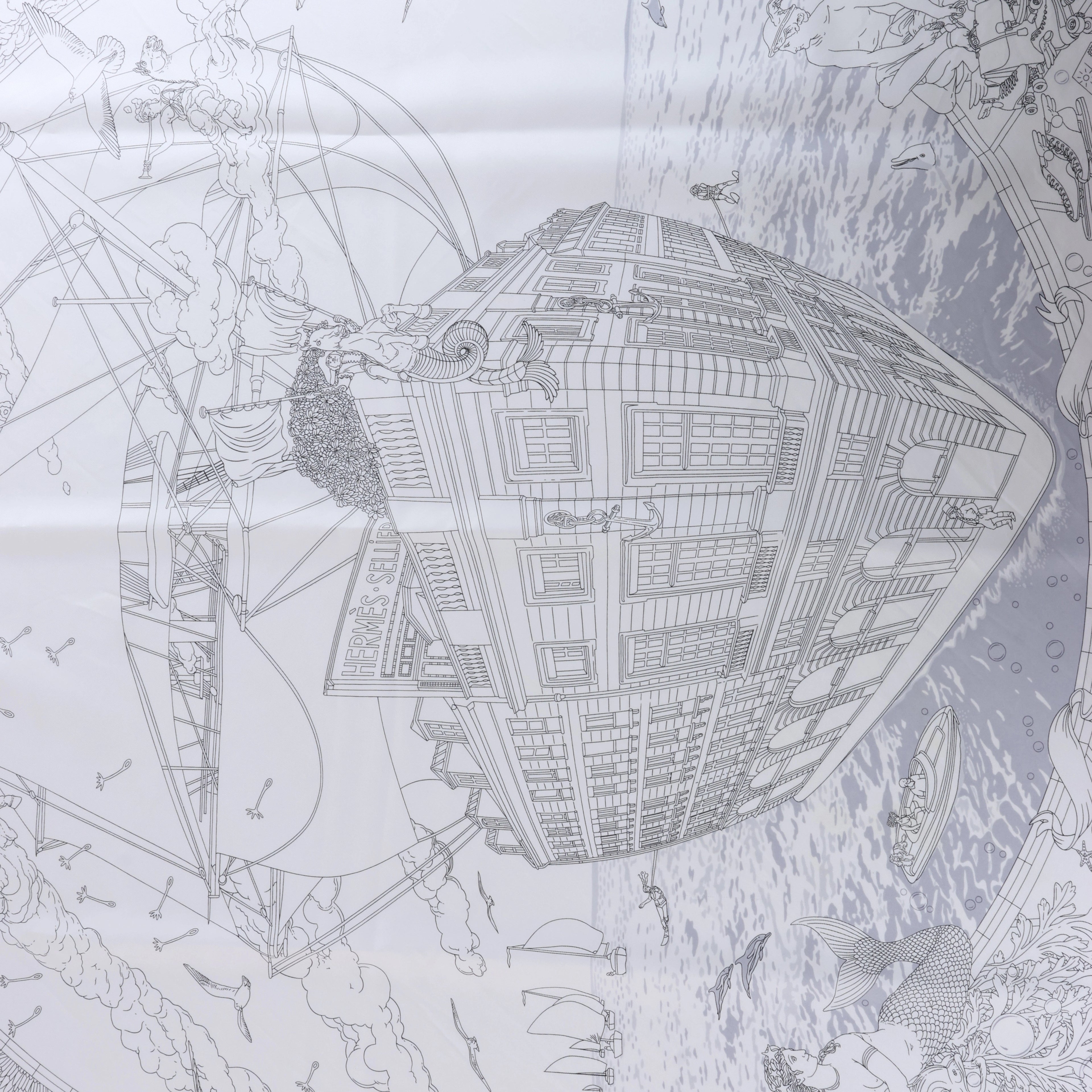Hermès Carré 90 "HERMES FRAGSHIP" Silk handkerchief in White