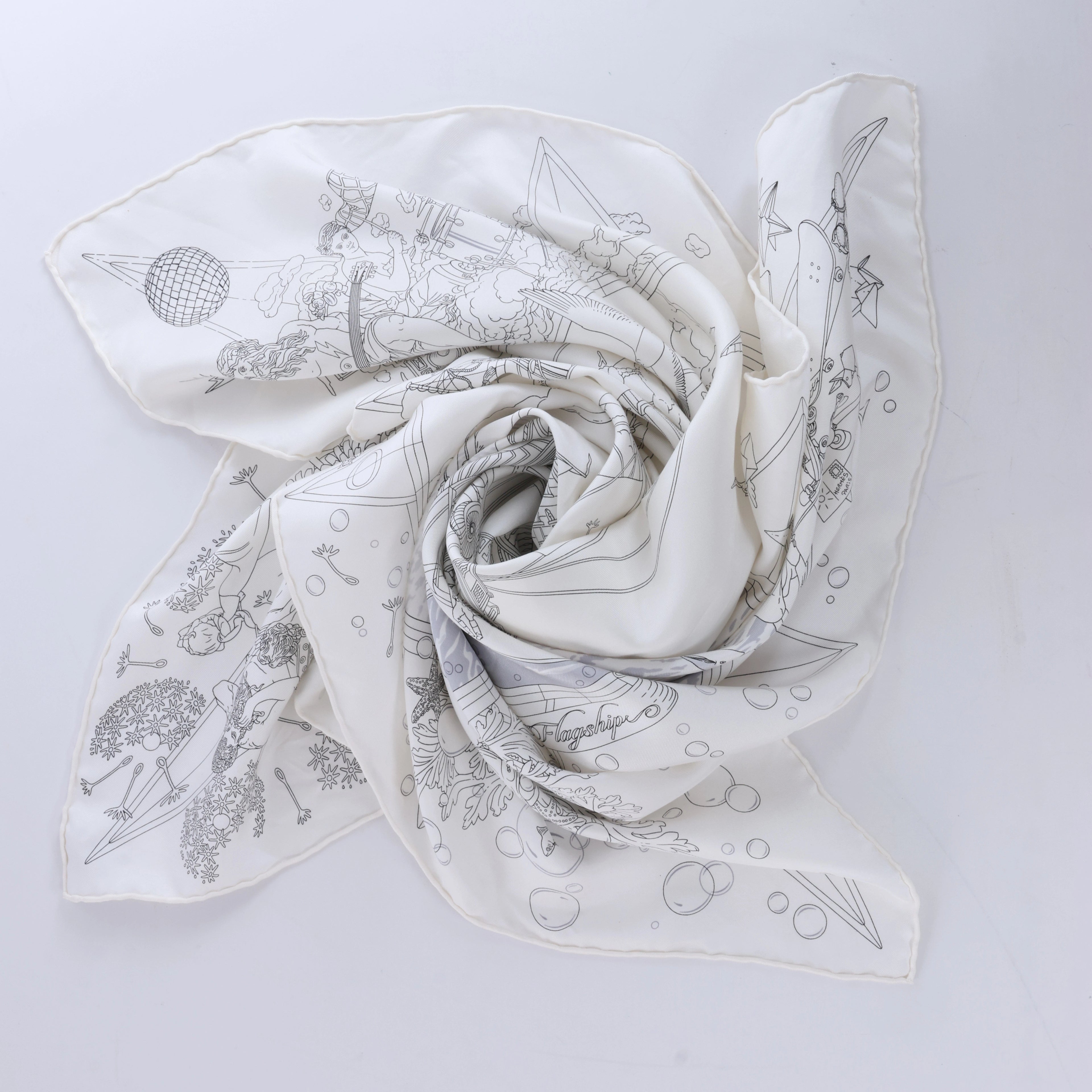 Hermès Carré 90 "HERMES FRAGSHIP" Silk handkerchief in White