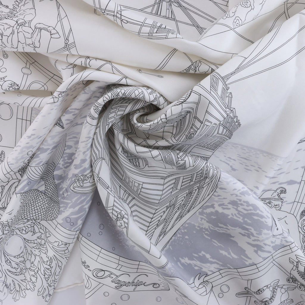 Hermès Carré 90 "HERMES FRAGSHIP" Silk handkerchief in White