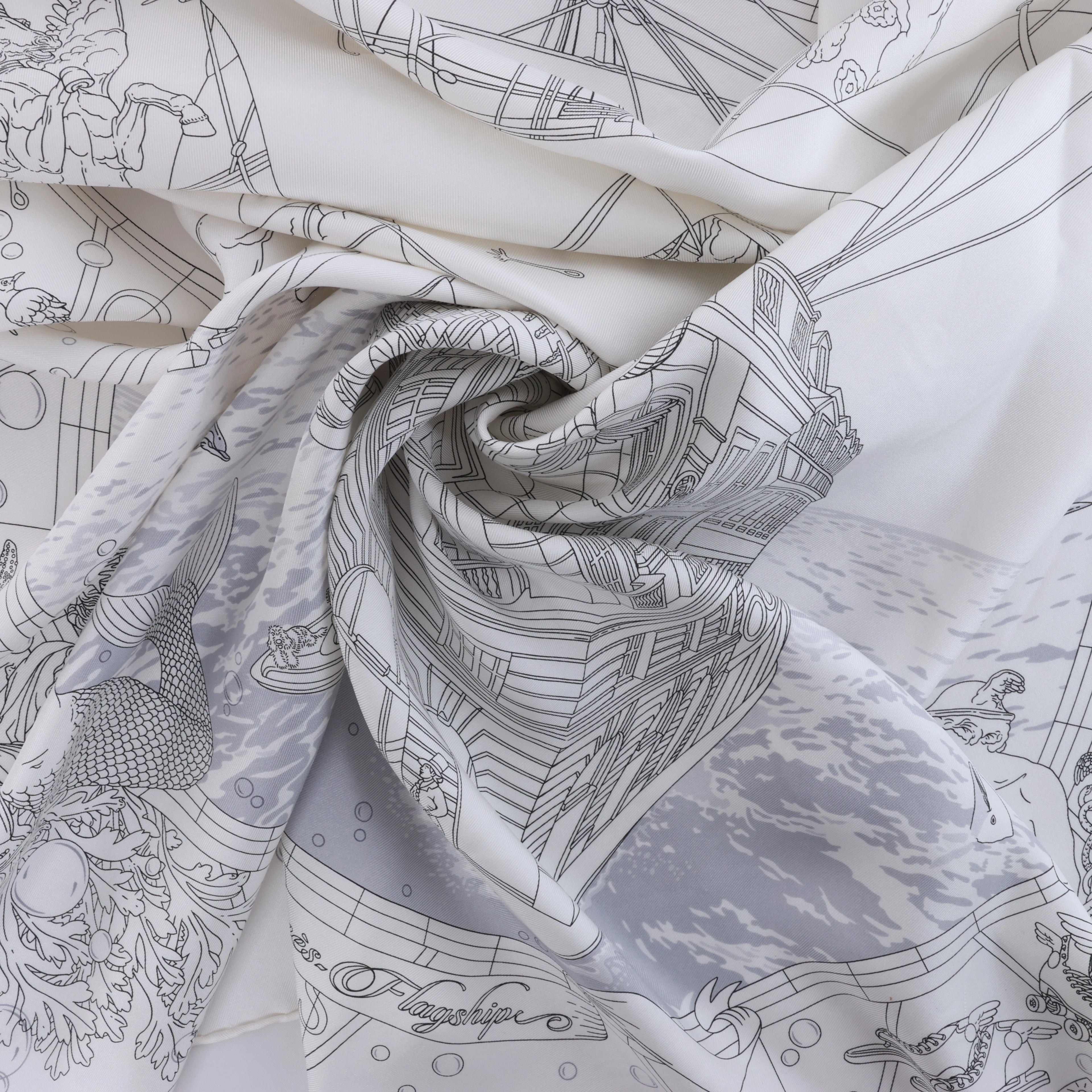 Hermès Carré 90 "HERMES FRAGSHIP" Silk handkerchief in White