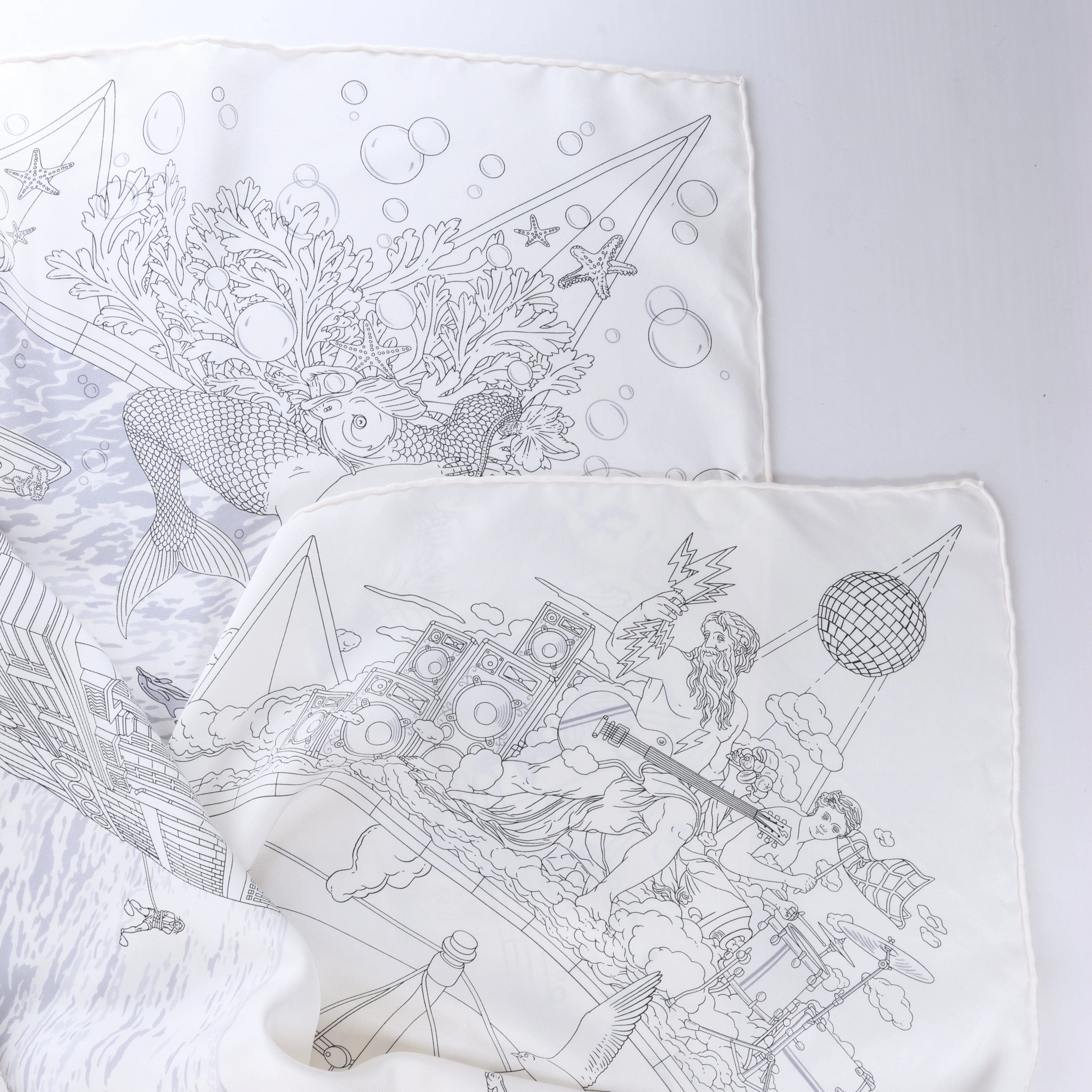 Hermès Carré 90 "HERMES FRAGSHIP" Silk handkerchief in White