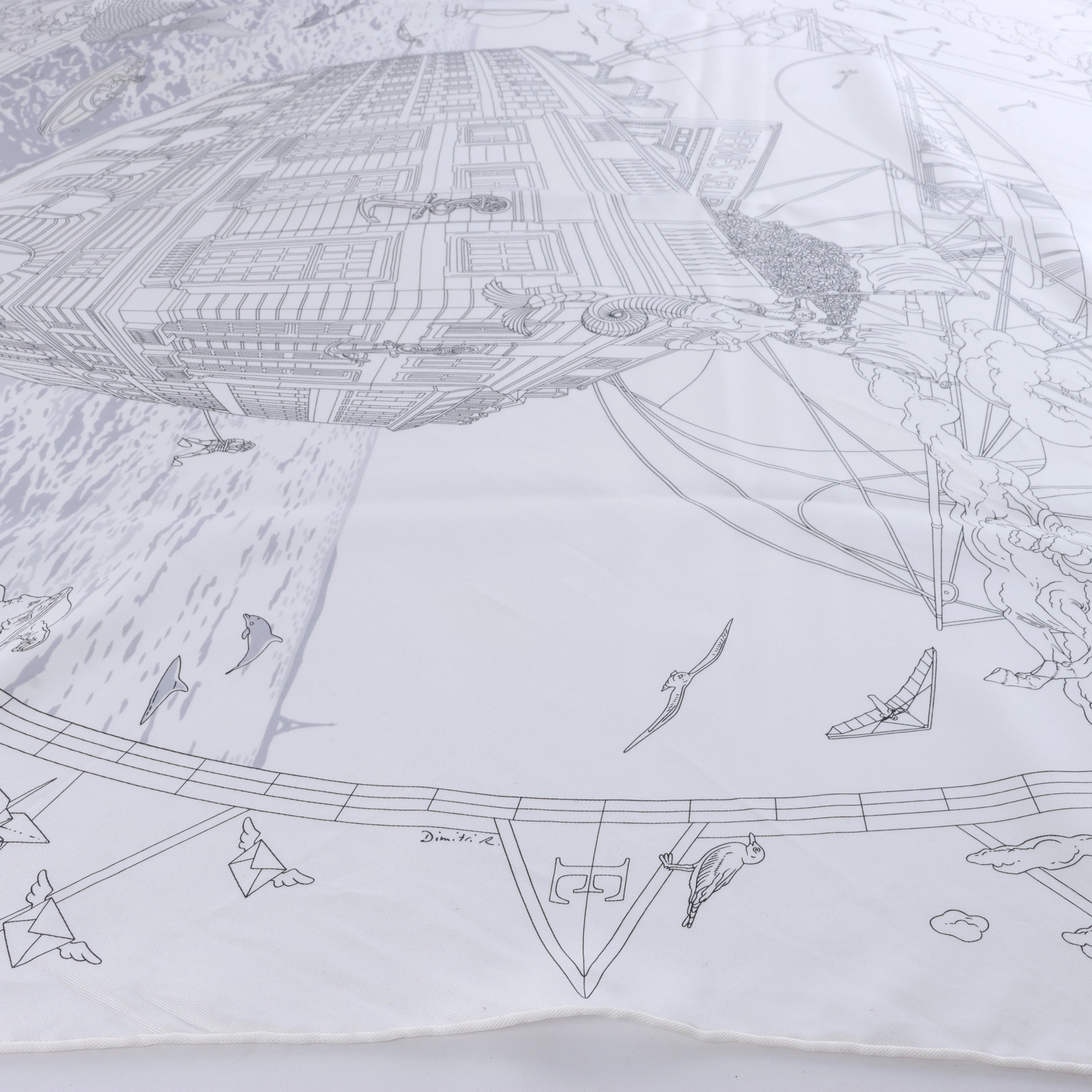 Hermès Carré 90 "HERMES FRAGSHIP" Silk handkerchief in White