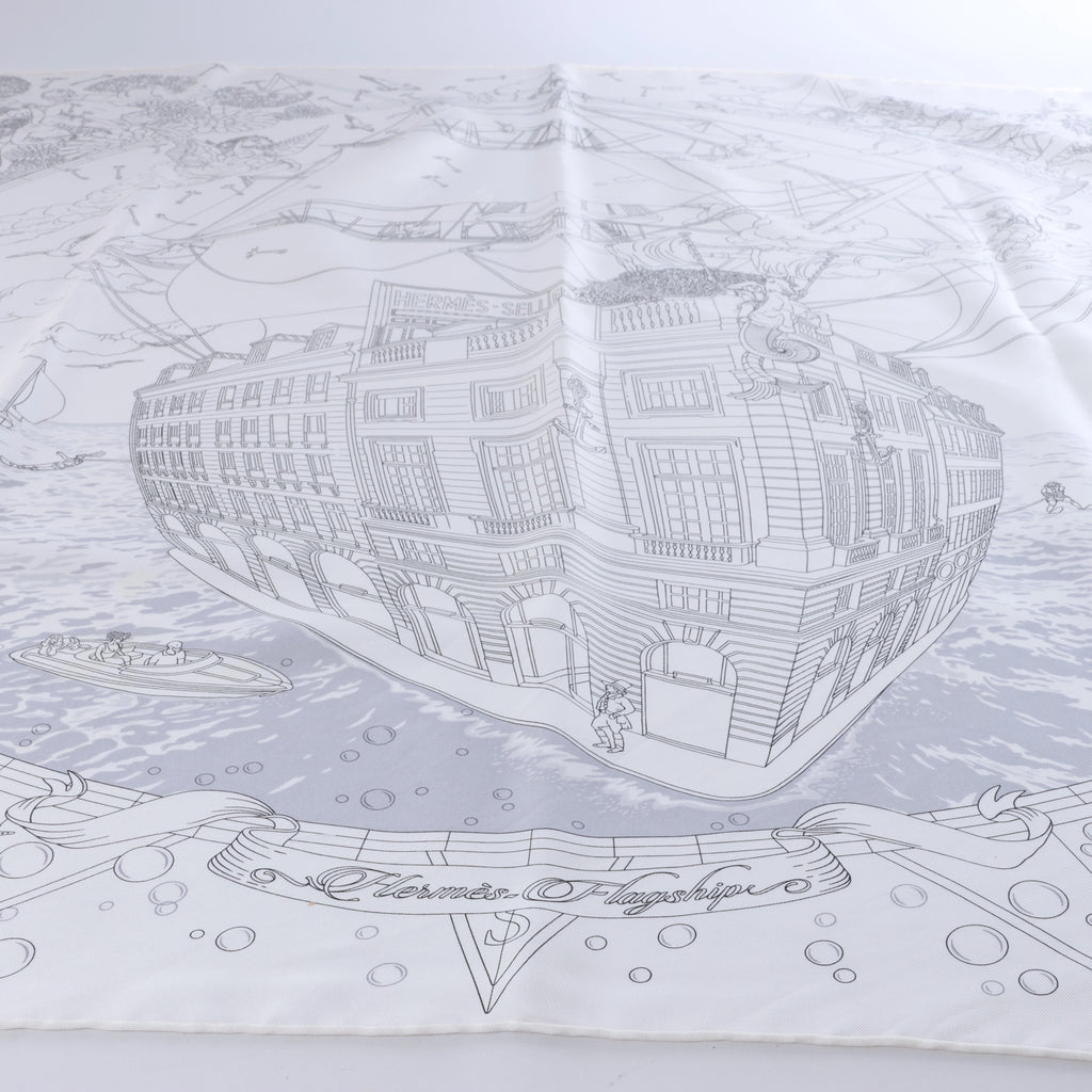 Hermès Carré 90 "HERMES FRAGSHIP" Silk handkerchief in White