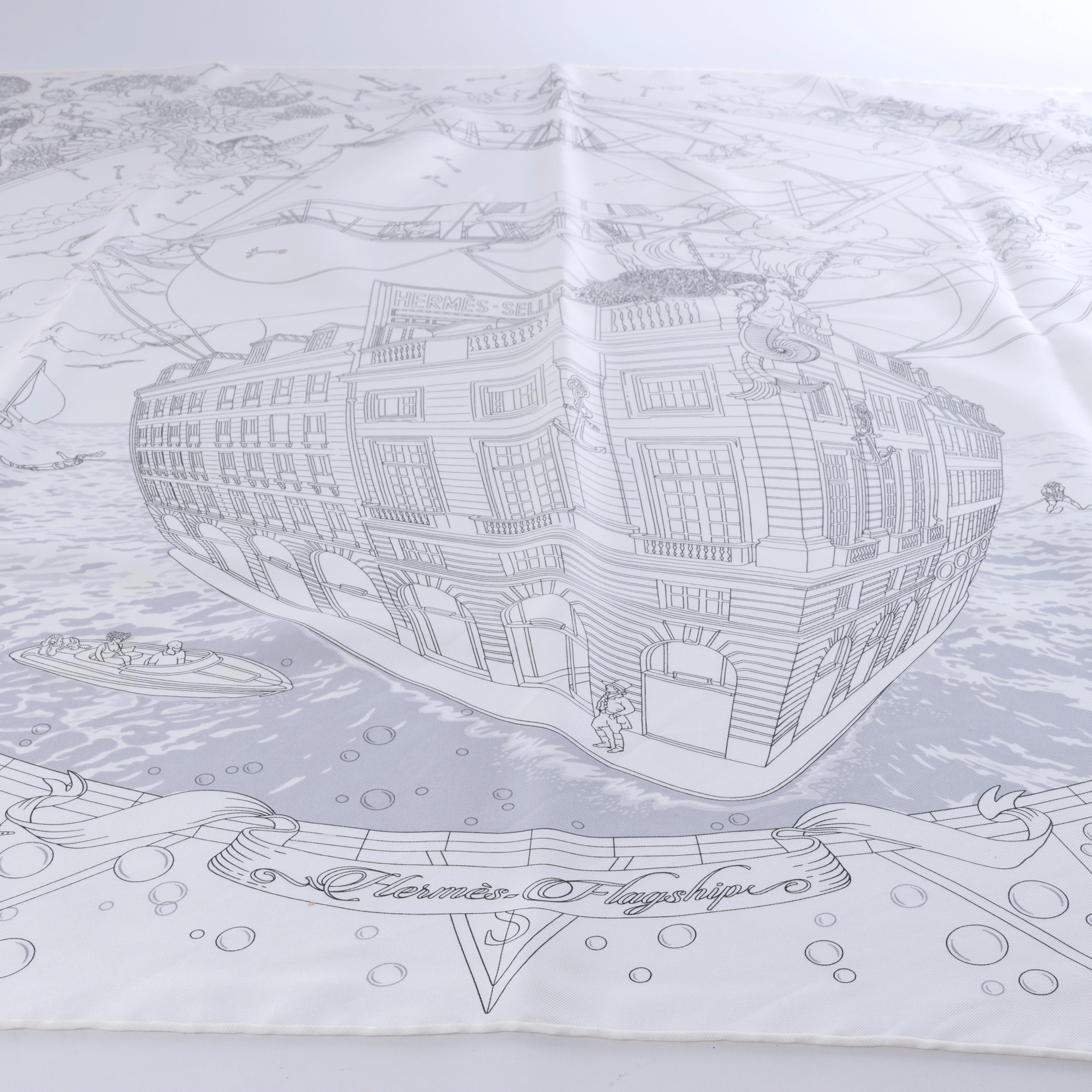 Hermès Carré 90 "HERMES FRAGSHIP" Silk handkerchief in White