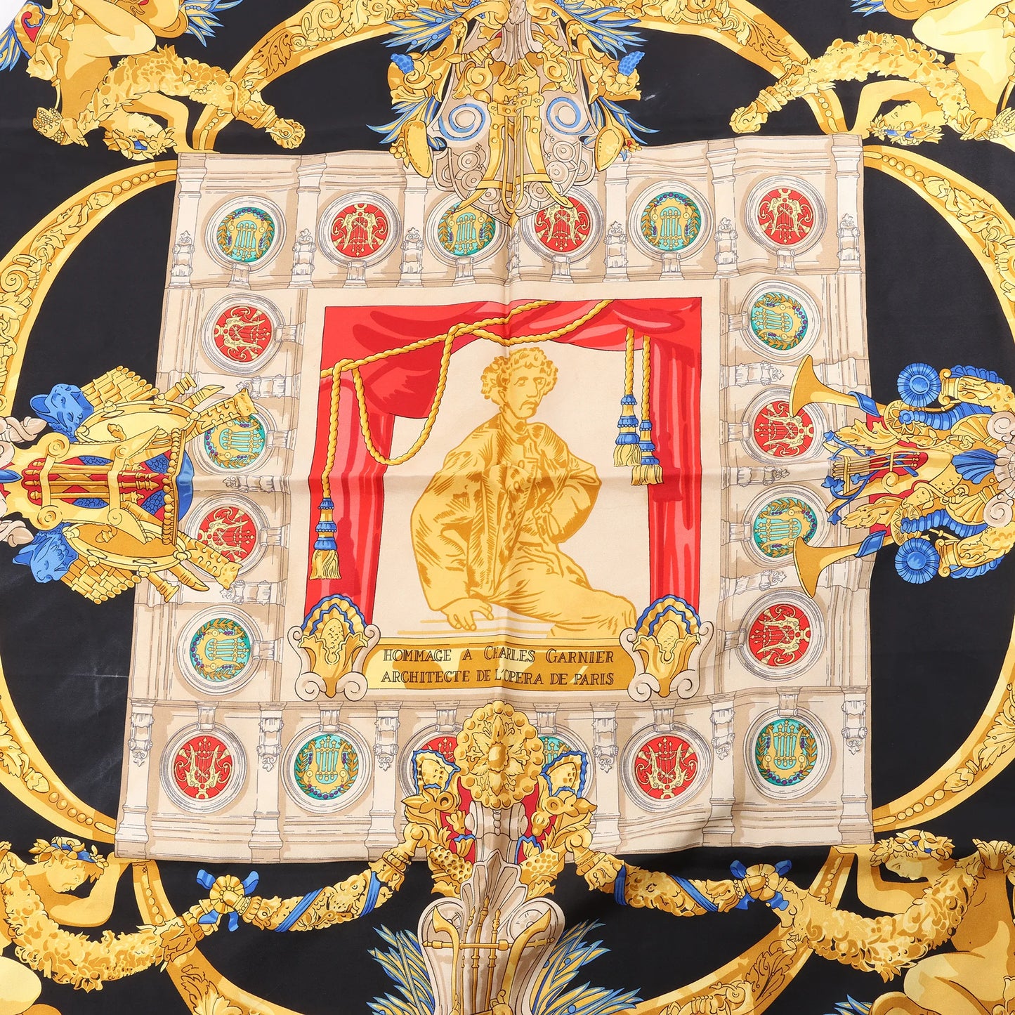 Hermès Carré 90 "HOMMAGE A CHARLES GARNIER" Silk handkerchief in Black