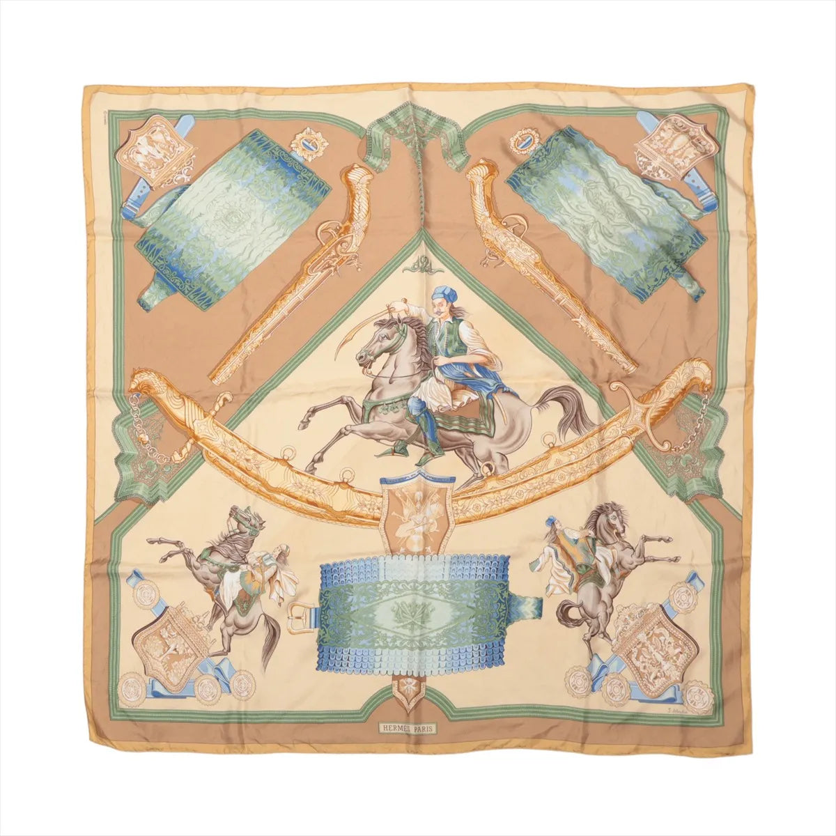 Hermès Carré 90 beige silk scarf with green, blue and gold equestrian motifs, horses, a mounted rider and ornate accessories.