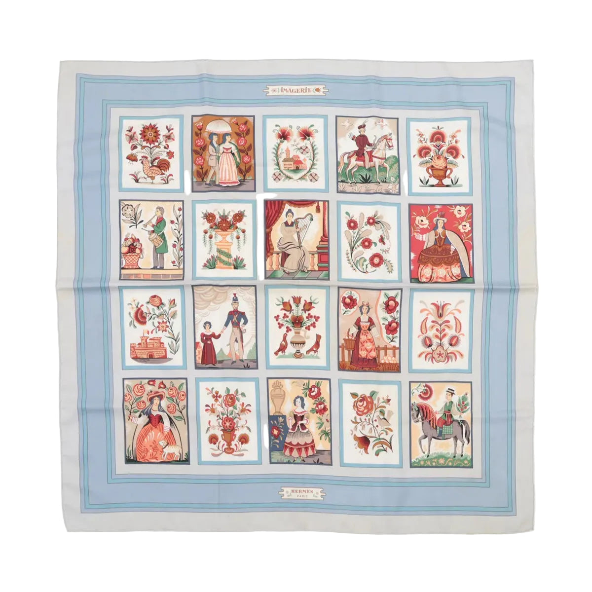 Hermès Carré 90 “Imagerie” silk scarf in light blue with pale blue border and grid of illustrated folk-style panels with flowers and figures.