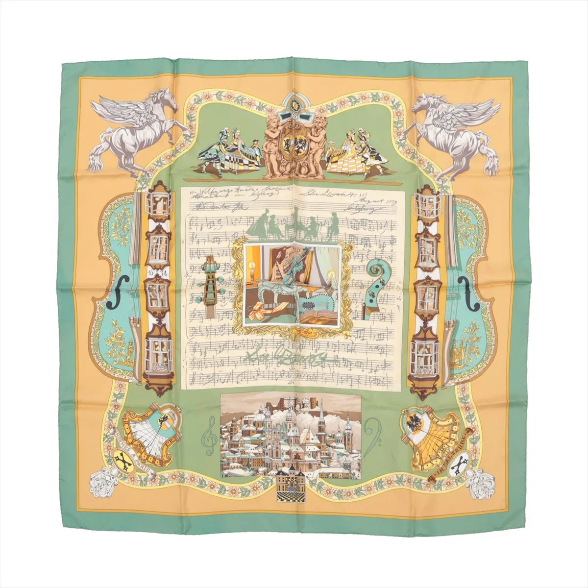 Hermès Carré 90 silk scarf titled "In Salzburg," featuring a central musical score with baroque illustrations, dancers, cherubs, and classical motifs, framed by green and golden yellow borders with scenes of Salzburg architecture and whimsical details.