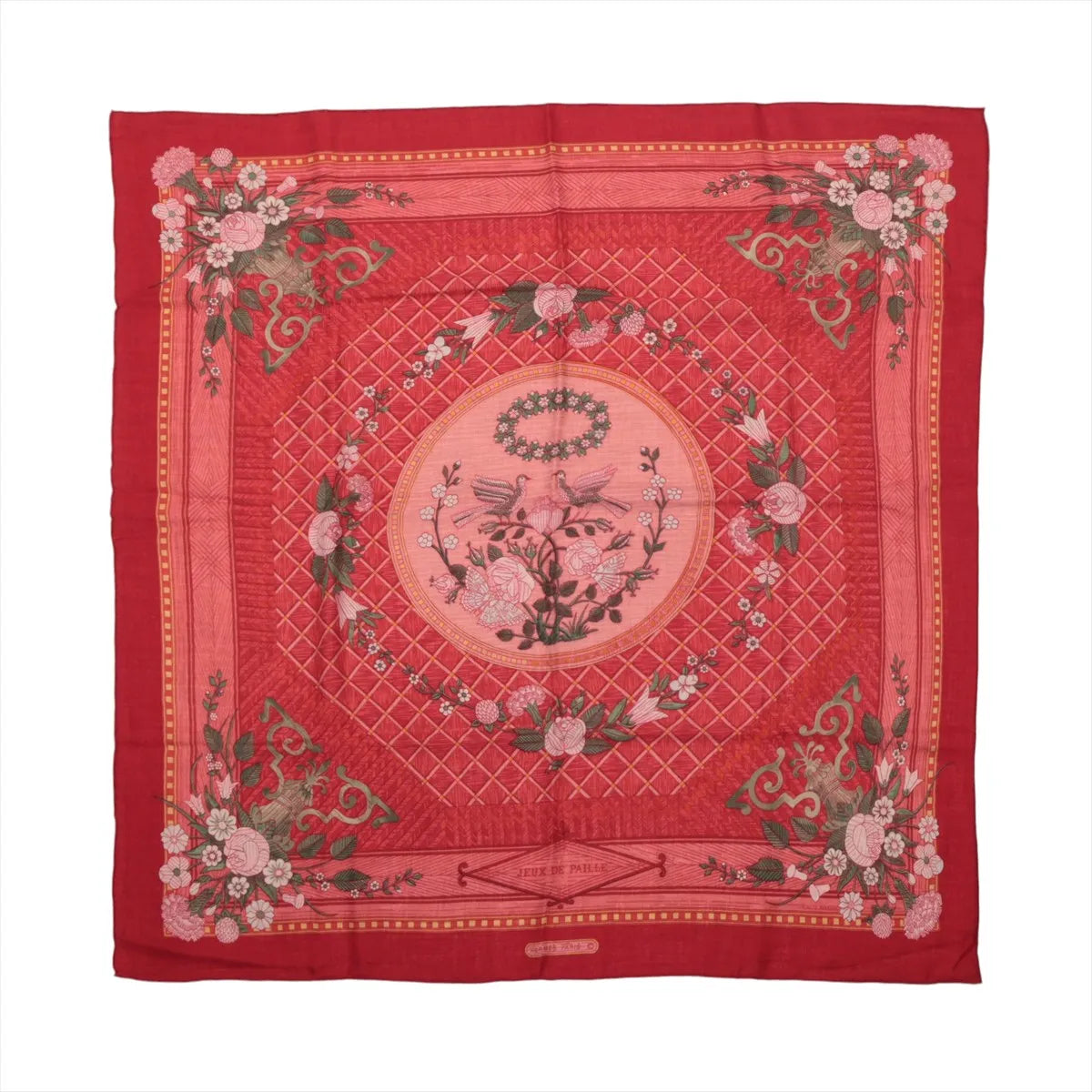 Hermès Carré 90 red cashmere-silk scarf with pink floral garlands, lattice pattern, green ornamental details and birds in a central medallion.