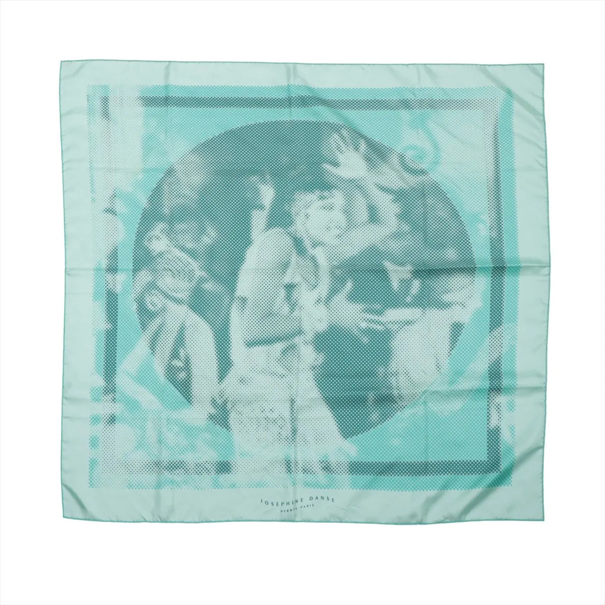 Hermès Carré 90 "JOSEPHINE DANSE" silk scarf in light blue featuring a stylized, pixelated portrait of Josephine Baker dancing, framed with a tonal blue border.
