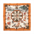 Hermès Carré 90 brown and ivory silk scarf with illustrated winter scenes, dancing figures, snowy trees and ornate green botanical scrollwork.