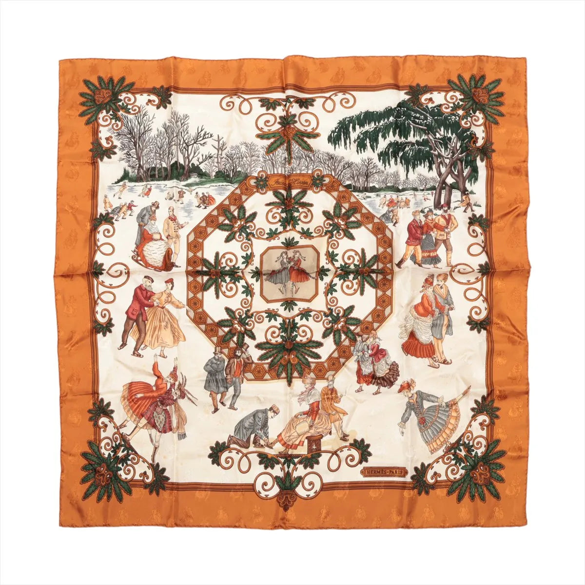 Hermès Carré 90 brown and ivory silk scarf with illustrated winter scenes, dancing figures, snowy trees and ornate green botanical scrollwork.