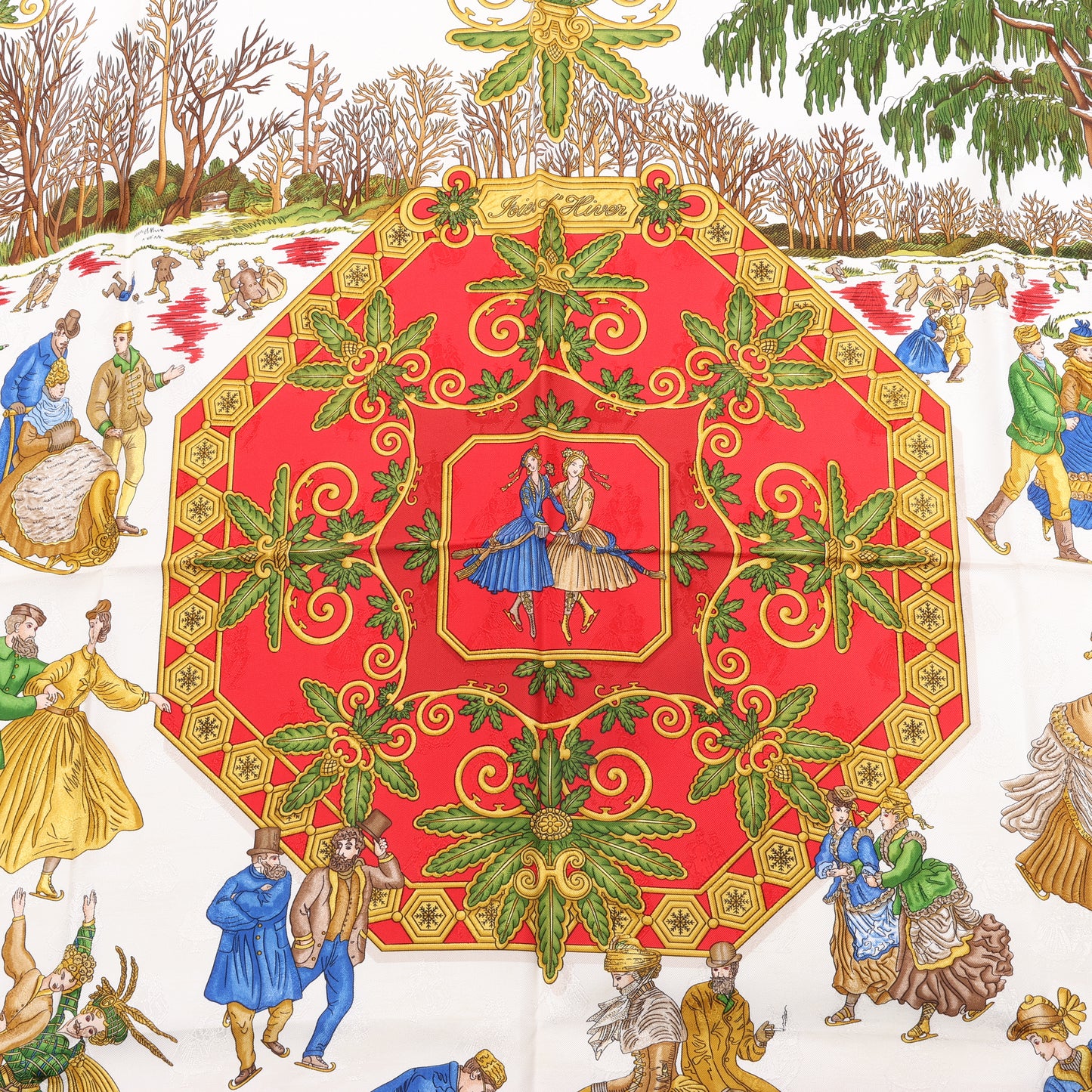 Hermès Carré 90 "Joies d'Hiver" Foulard 100% Soie en Rouge