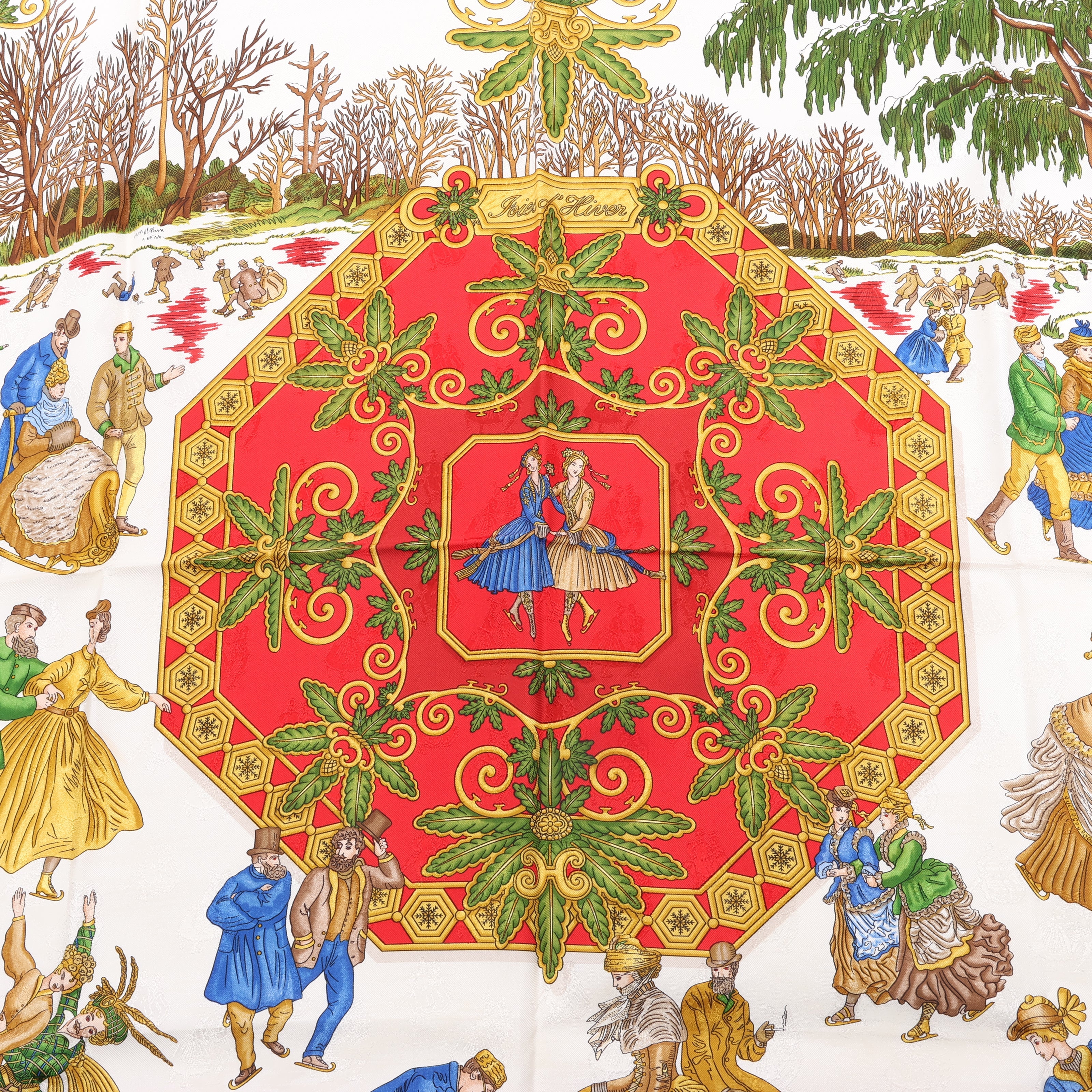 Hermès Carré 90 "Joies d’Hiver" 100% Silk Scarf in Red