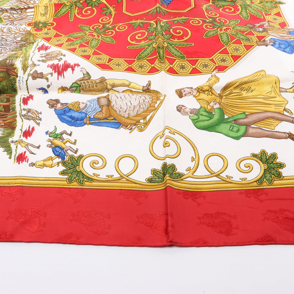 Hermès Carré 90 "Joies d’Hiver" 100% Silk Scarf in Red
