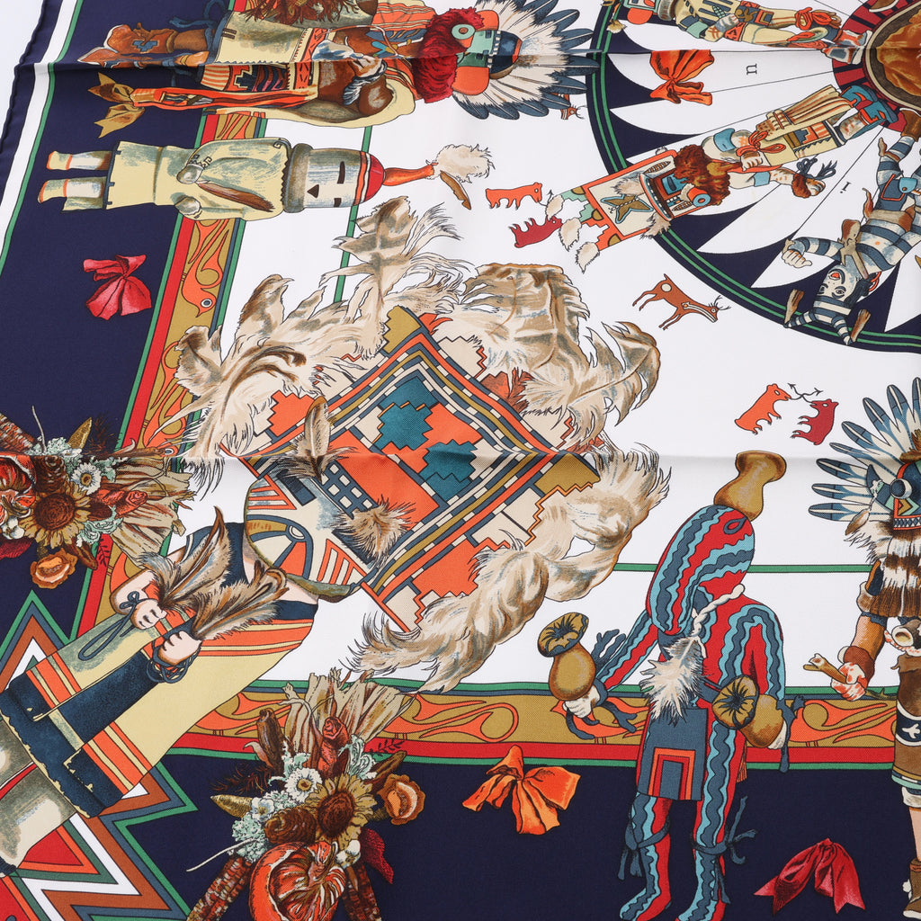 Hermès Carré 90 "Kachinas" Silk handkerchief in Navy Blue