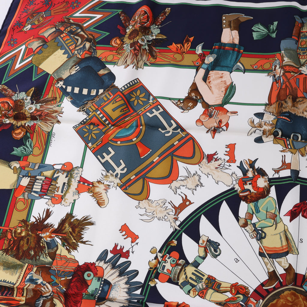Hermès Carré 90 "Kachinas" Silk handkerchief in Navy Blue