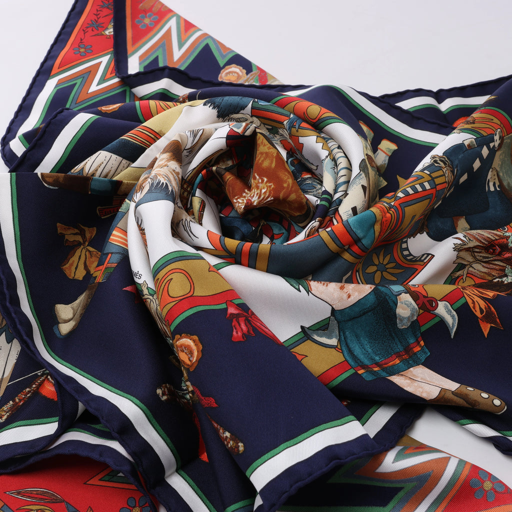 Hermès Carré 90 "Kachinas" Silk handkerchief in Navy Blue