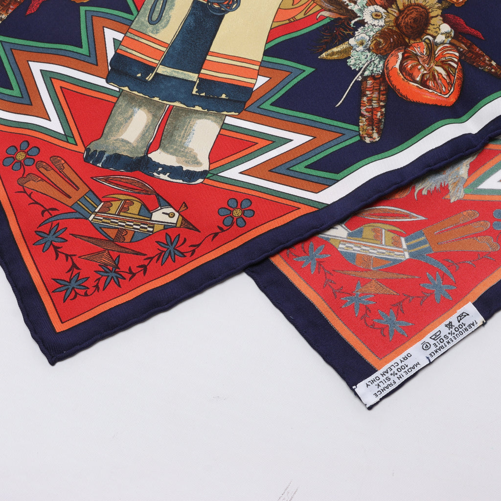 Hermès Carré 90 "Kachinas" Silk handkerchief in Navy Blue