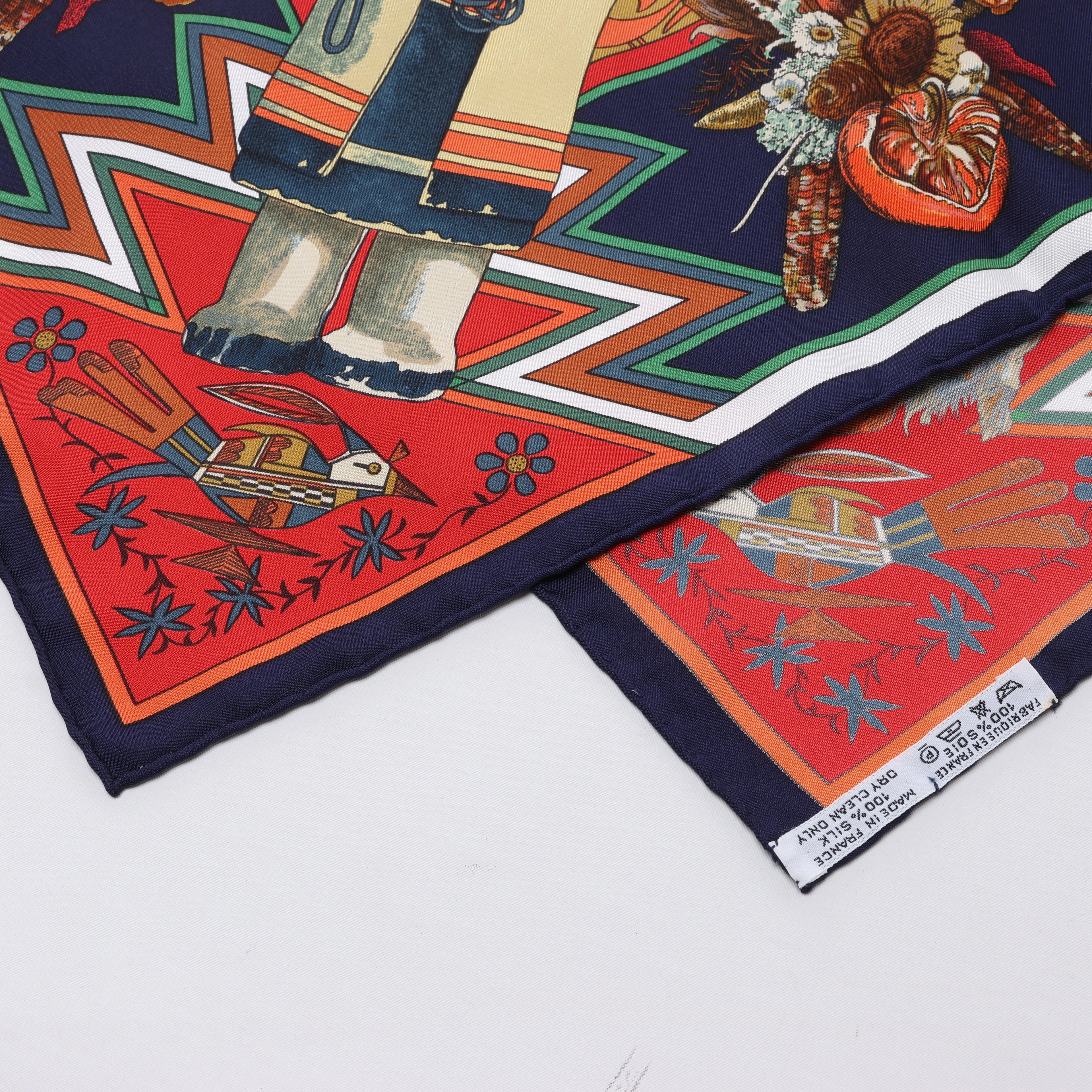 Hermès Carré 90 "Kachinas" Silk handkerchief in Navy Blue