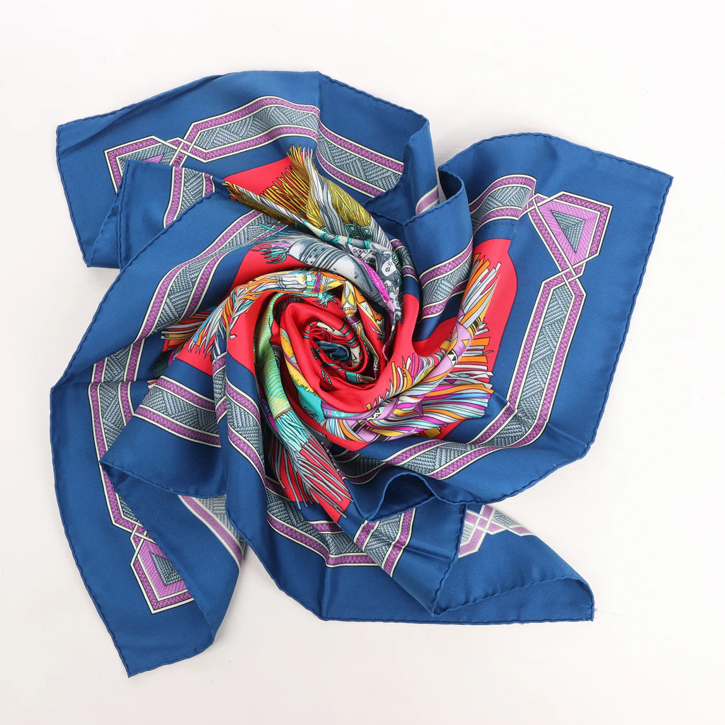 Hermès Carré 90 "Cuirs Du Desert" Silk handkerchief in Navy Blue x Red