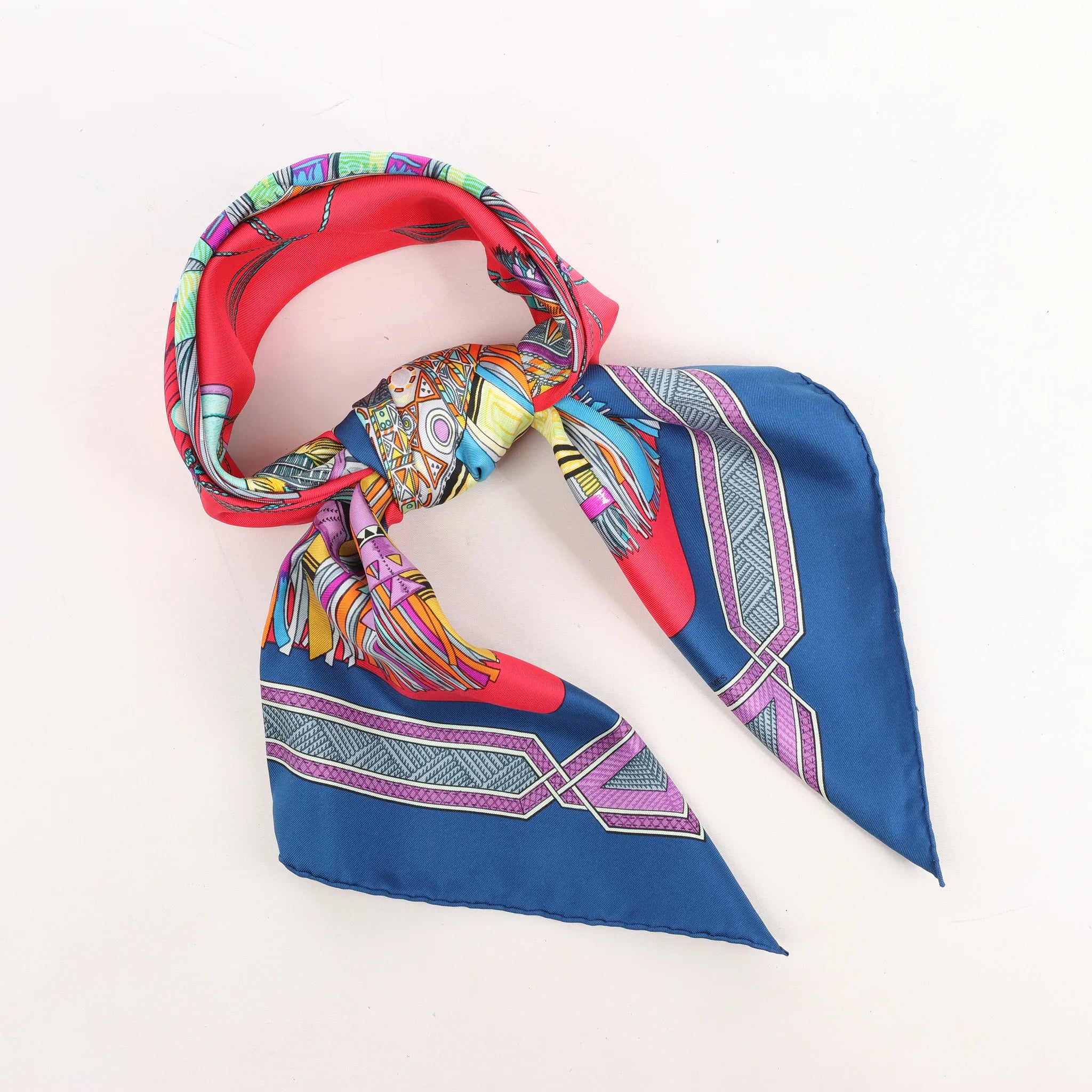 Hermès Carré 90 "Cuirs Du Desert" Silk handkerchief in Navy Blue x Red