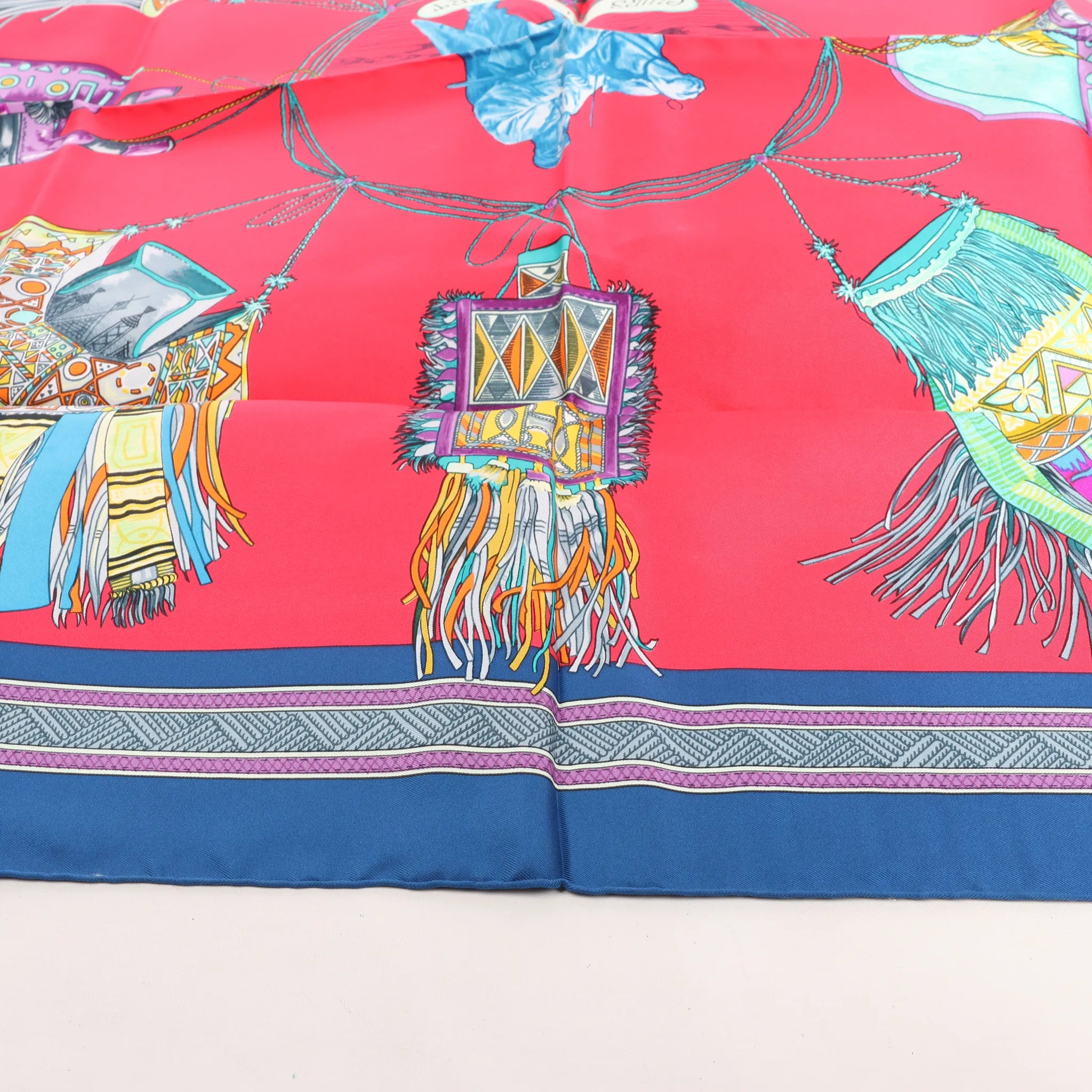 Hermès Carré 90 "Cuirs Du Desert" Silk handkerchief in Navy Blue x Red