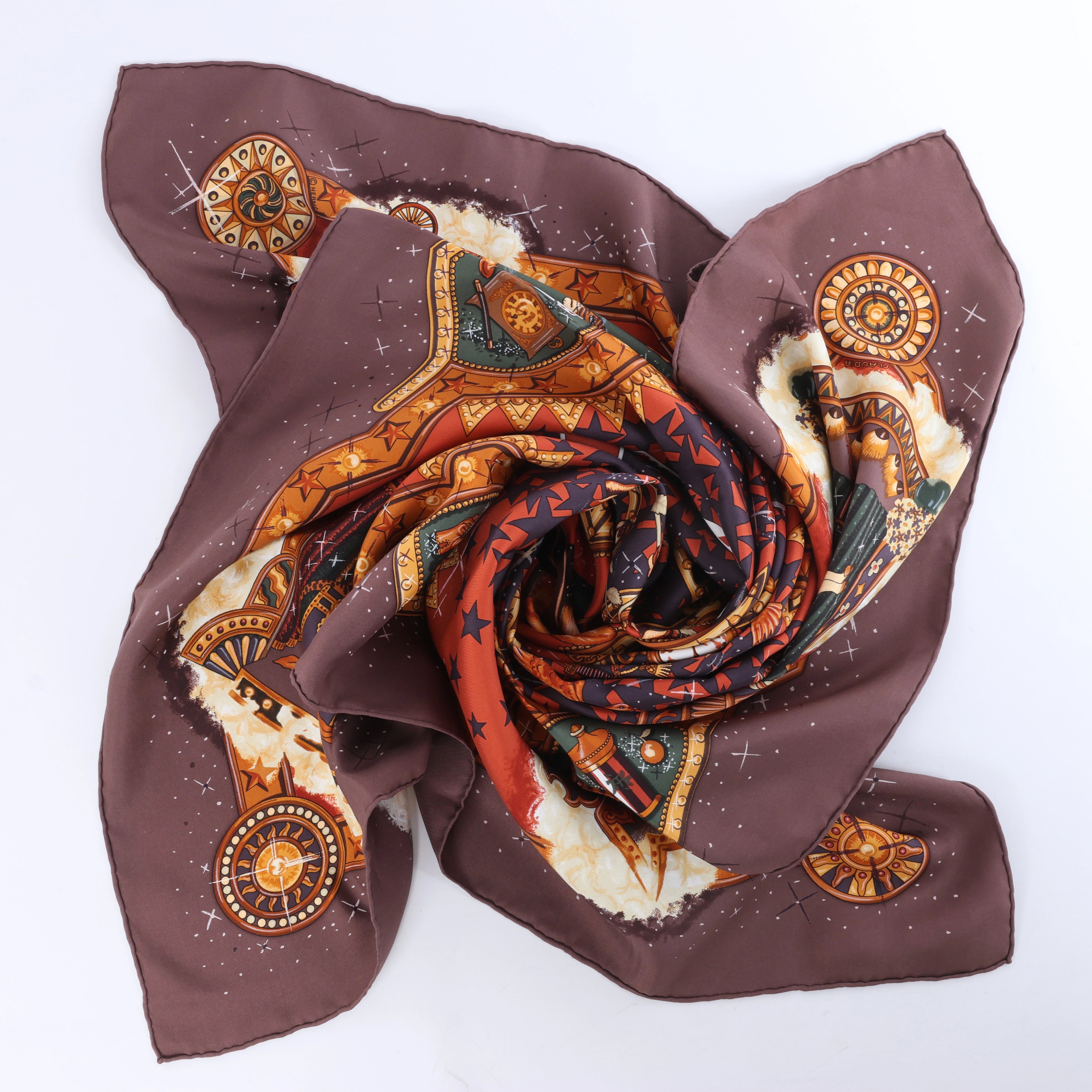 Hermès Carré 90 "LA MAGIE" Silk handkerchief in Brown