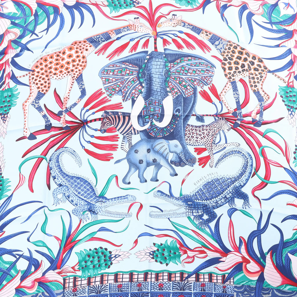 Hermès Carré 90 "LA MARCHE Du ZAMBEZE" Silk handkerchief in Blue