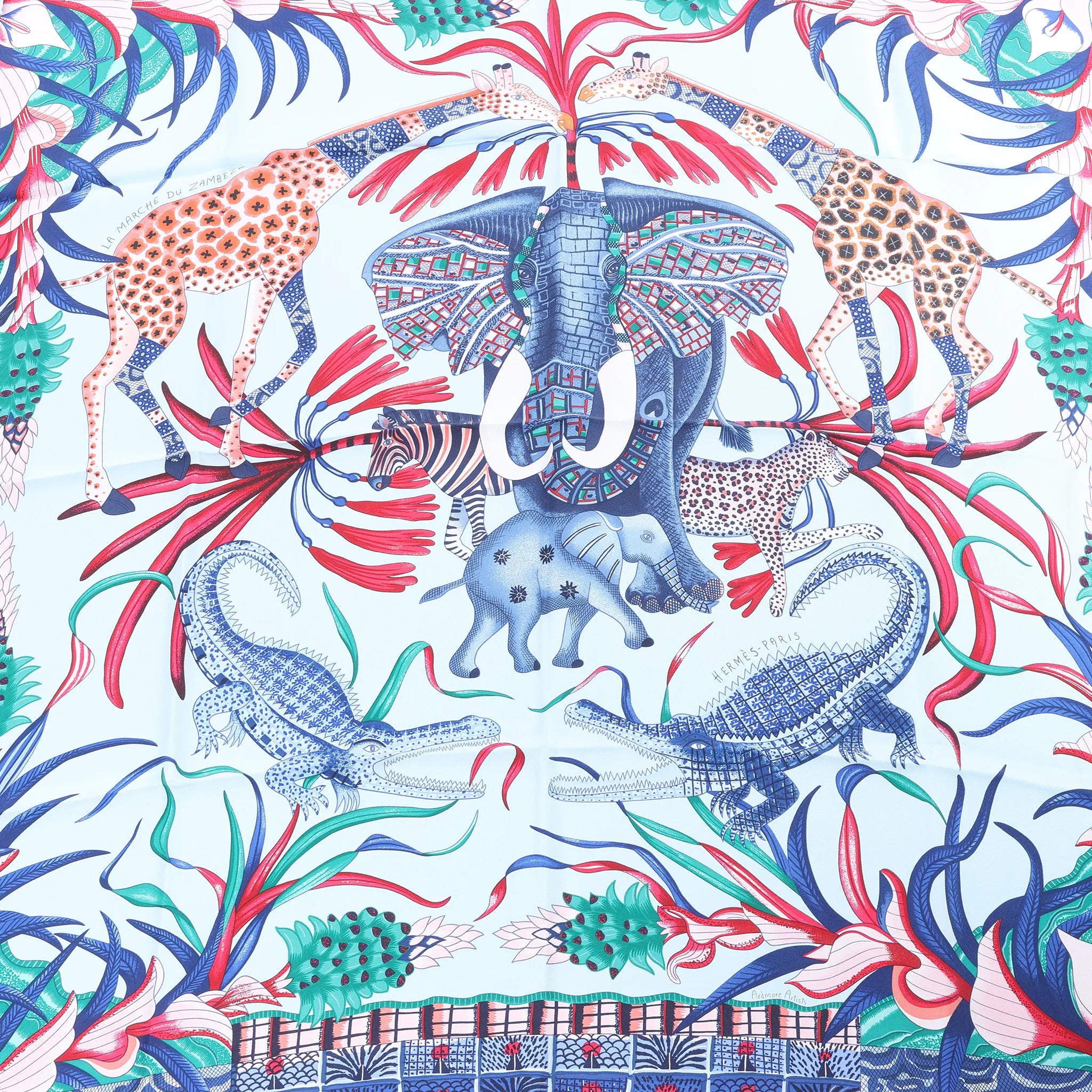 Hermès Carré 90 "LA MARCHE Du ZAMBEZE" Silk handkerchief in Blue