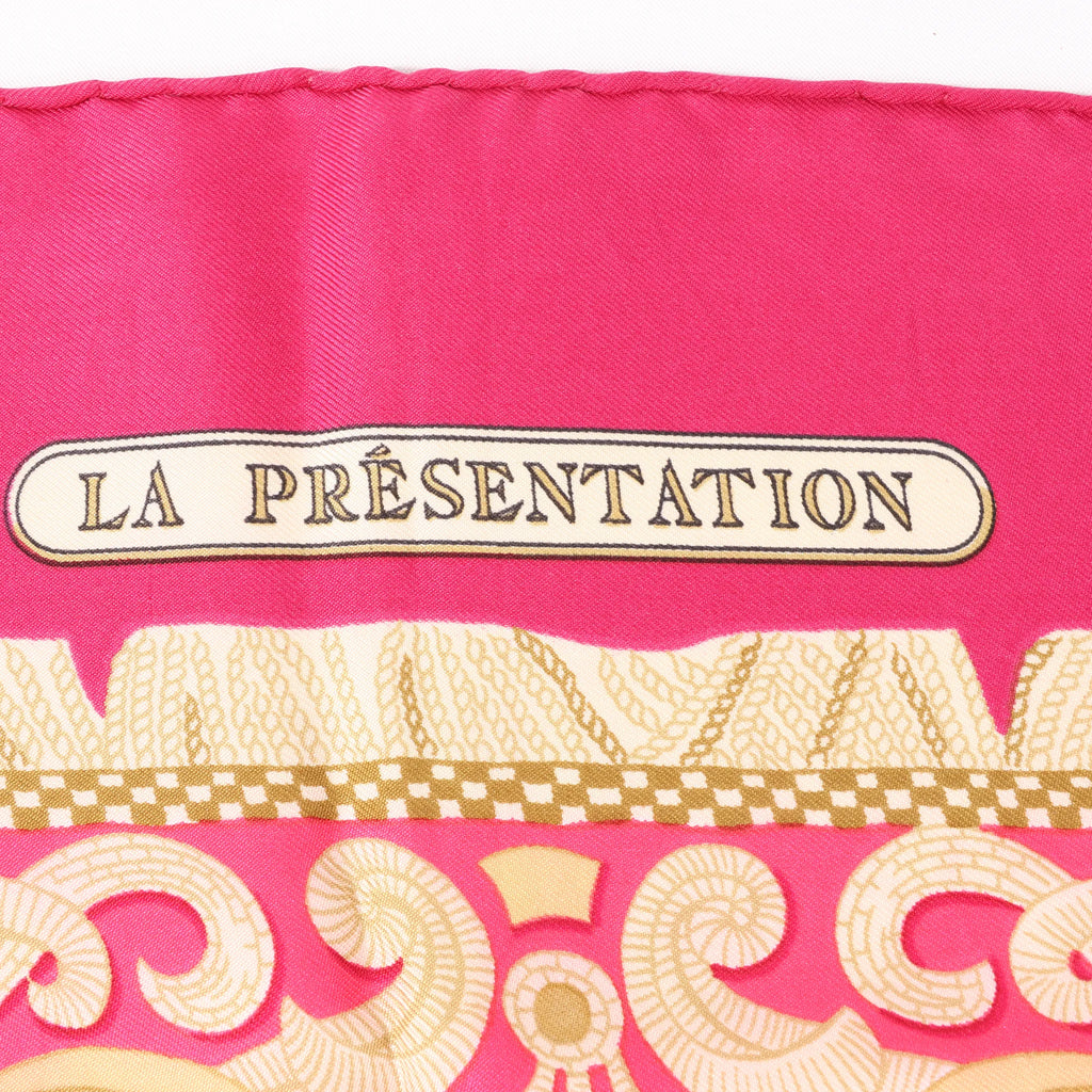 Hermès Carré 90 "LA PRESENTATION" Silk handkerchief in Burgundy