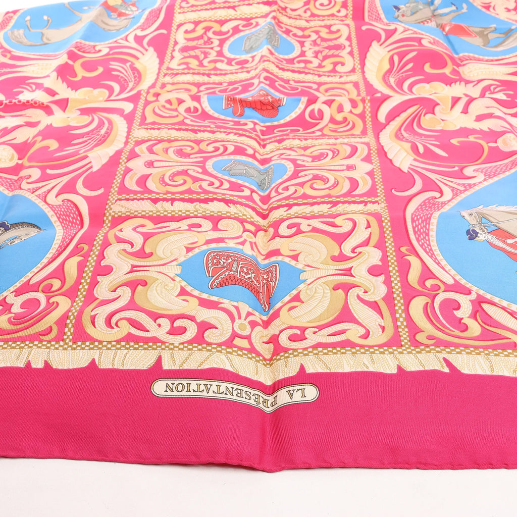 Hermès Carré 90 "LA PRESENTATION" Silk handkerchief in Burgundy