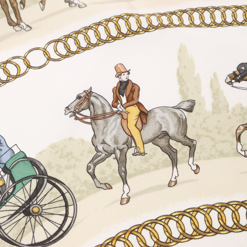 Hermès Carré 90 "LA PROMENADE DE LONGCHAMPS" Pañuelo 100% Seda Crudo
