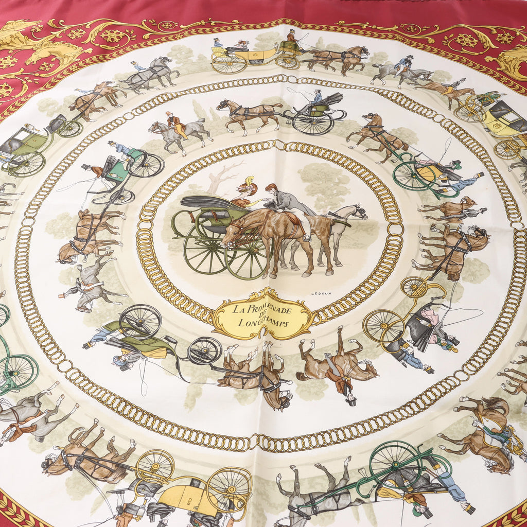 Hermès Carré 90 "LA PROMENADE DE LONGCHAMPS" Pañuelo 100% Seda Crudo