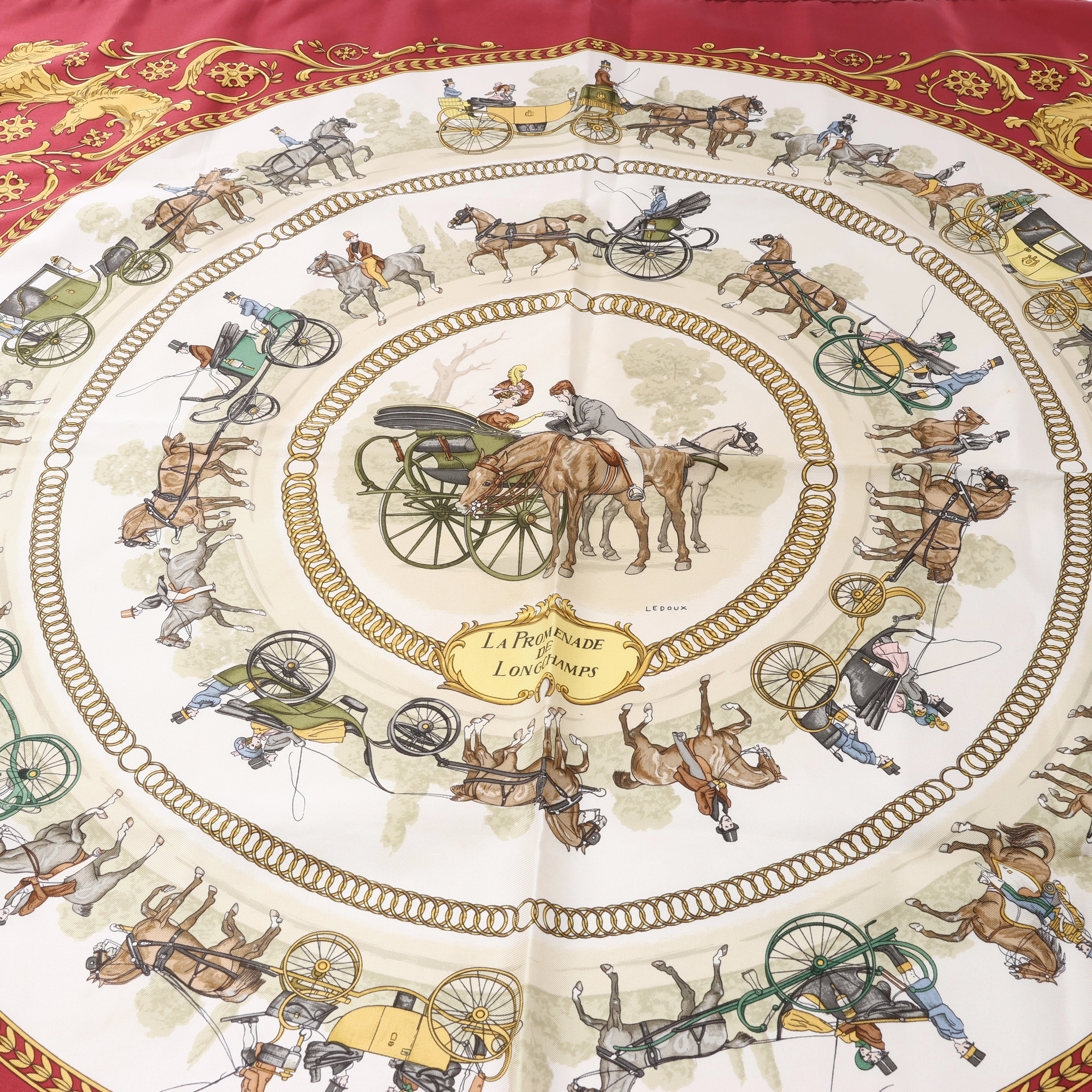 Hermès Carré 90 "LA PROMENADE DE LONGCHAMPS" Pañuelo 100% Seda Crudo