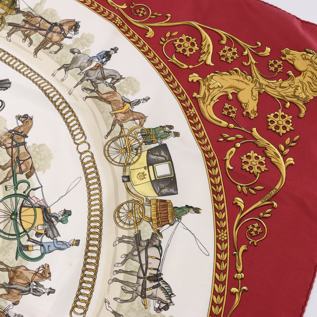 Hermès Carré 90 "LA PROMENADE DE LONGCHAMPS" Pañuelo 100% Seda Crudo