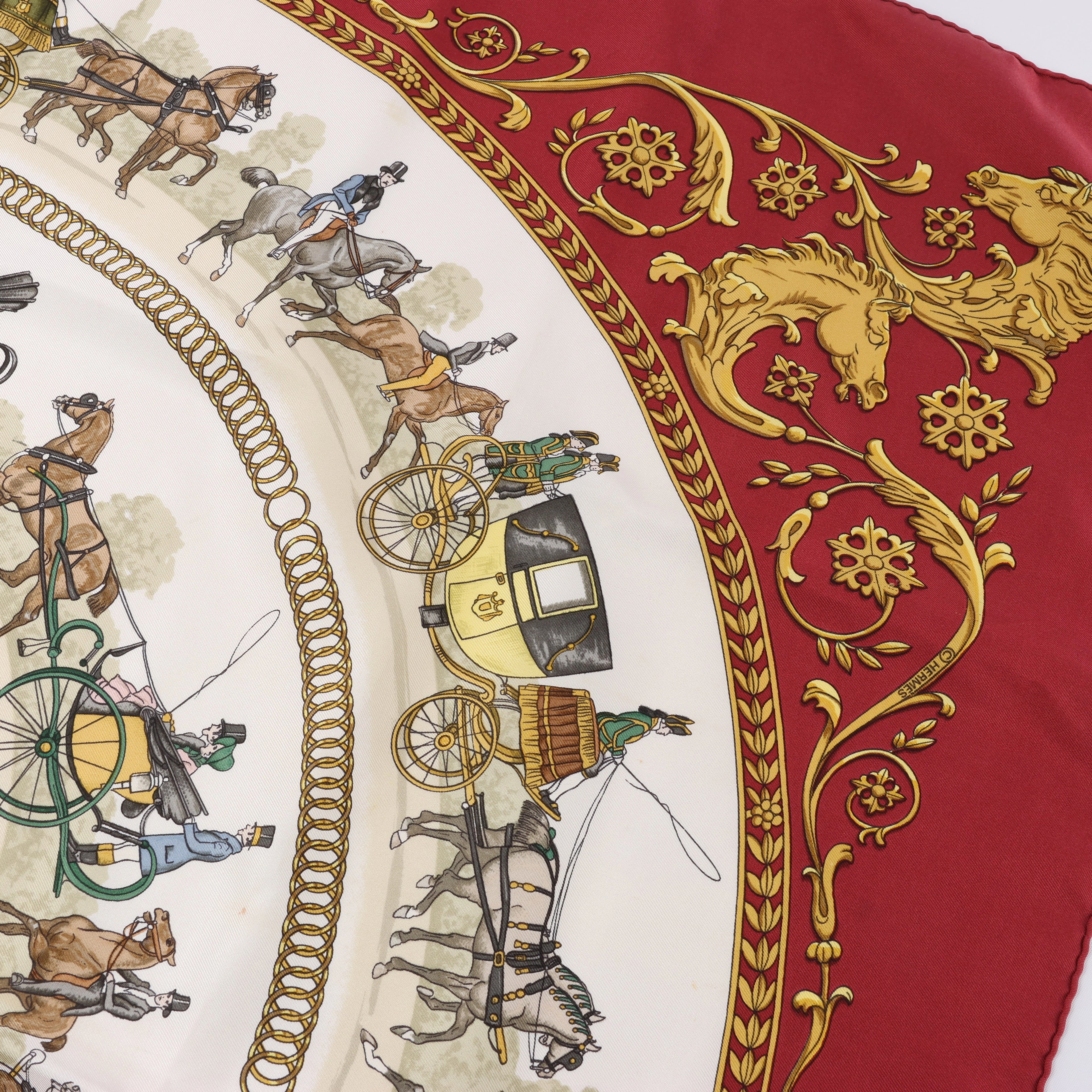 Hermès Carré 90 "LA PROMENADE DE LONGCHAMPS" Pañuelo 100% Seda Crudo