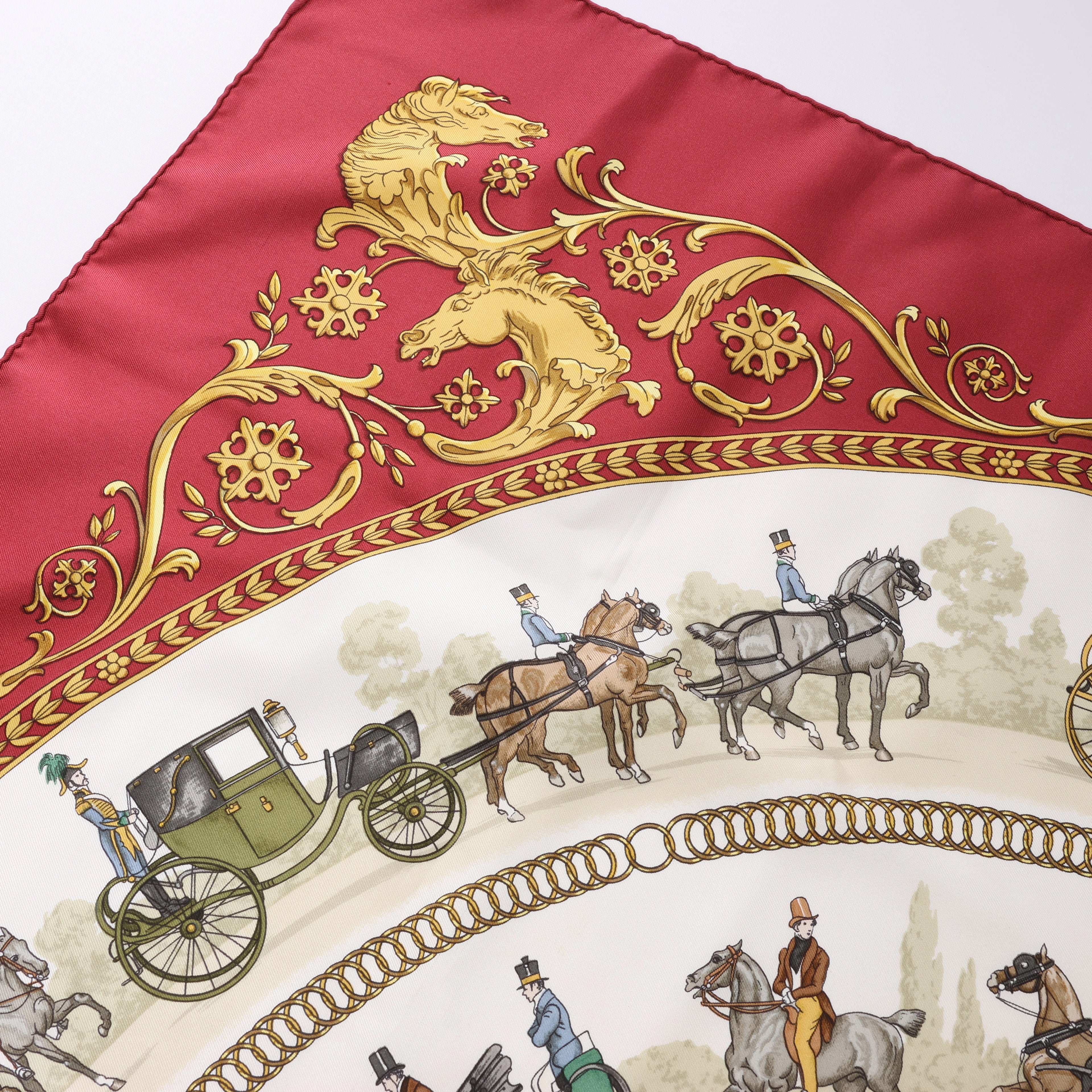 Hermès Carré 90 "LA PROMENADE DE LONGCHAMPS" Pañuelo 100% Seda Crudo