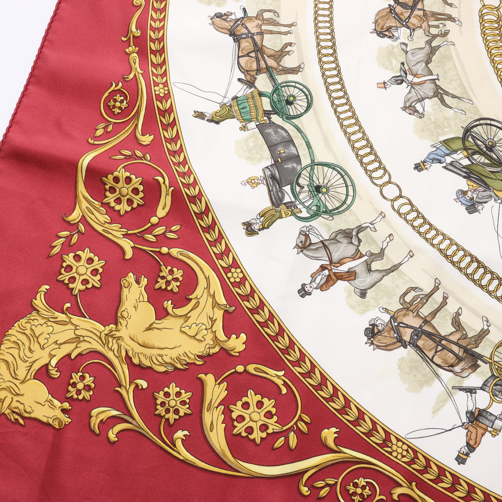 Hermès Carré 90 "LA PROMENADE DE LONGCHAMPS" Pañuelo 100% Seda Crudo