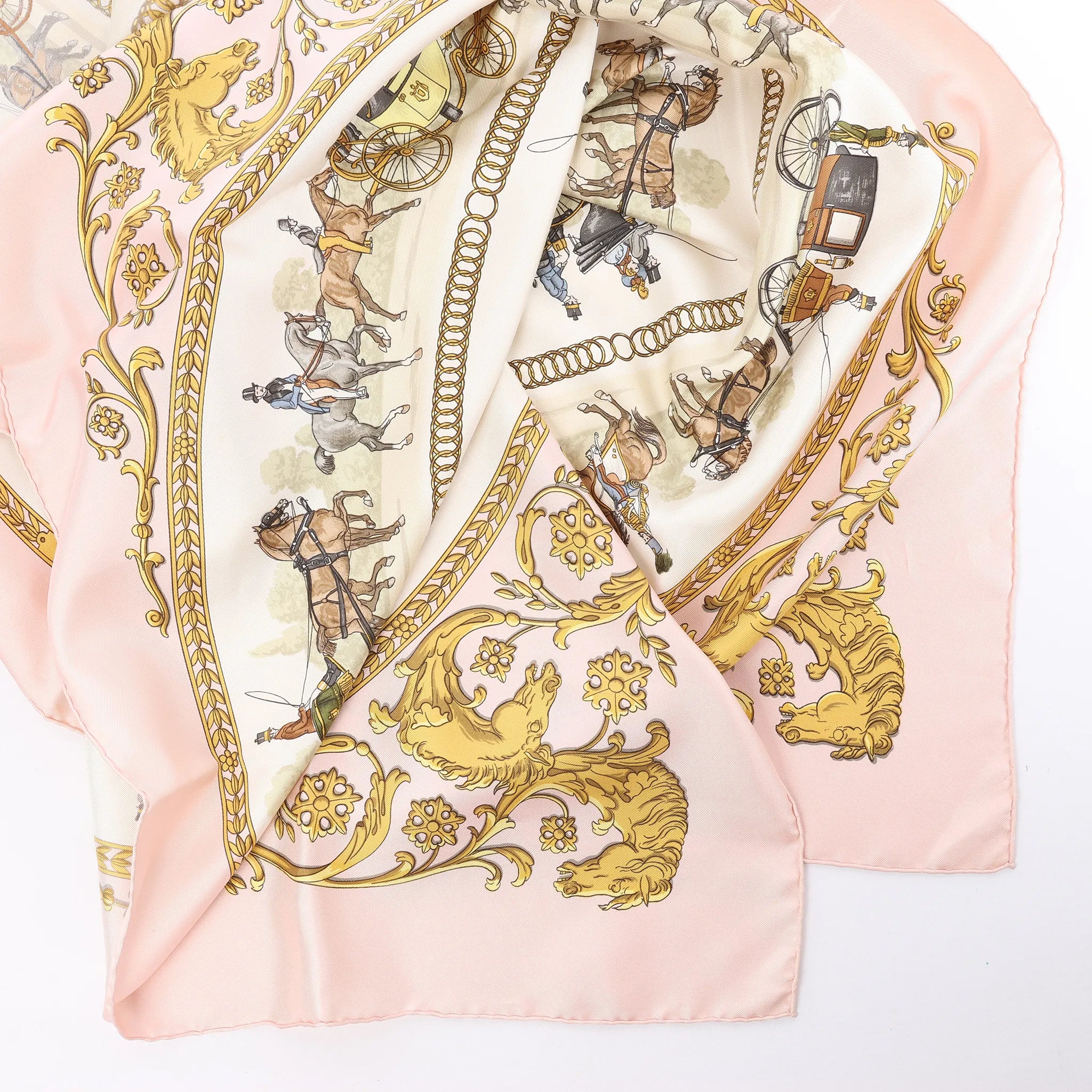 Hermès Carré 90 "LA PROMENADE DE LONGCHAMPS" 100% Silk Scarf in Pink