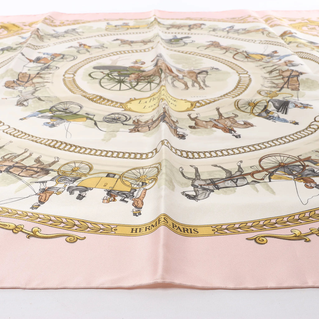 Hermès Carré 90 "LA PROMENADE DE LONGCHAMPS" 100% Silk Scarf in Pink