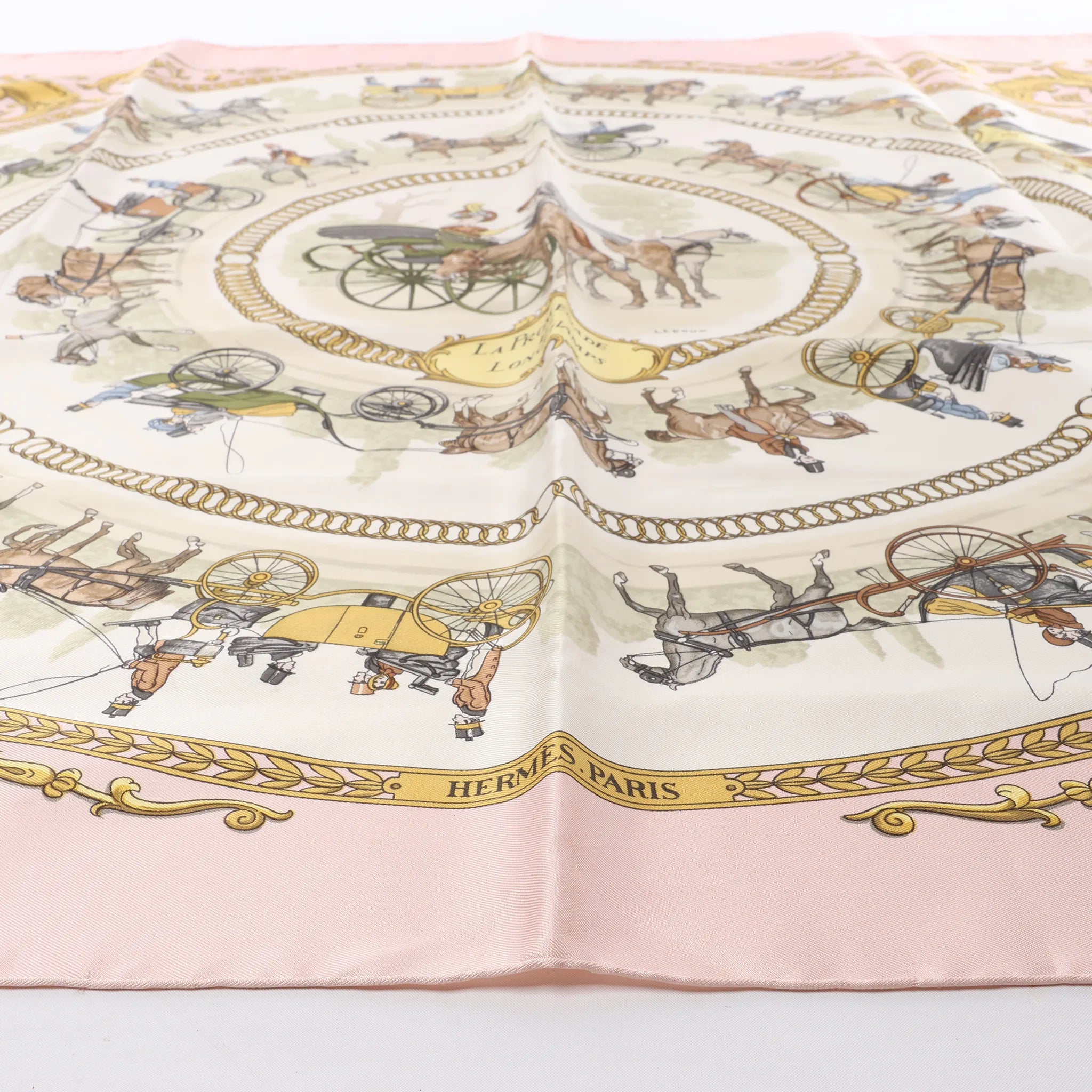 Hermès Carré 90 "LA PROMENADE DE LONGCHAMPS" 100% Silk Scarf in Pink