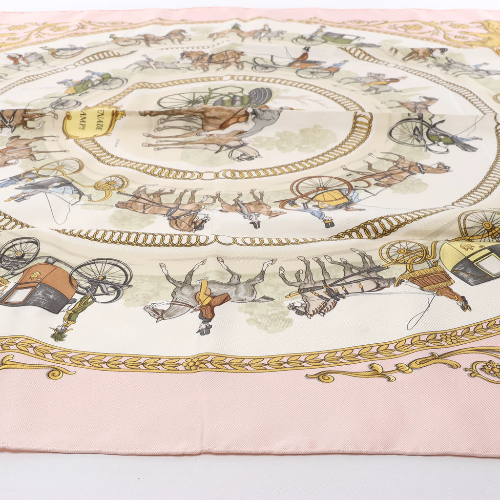Hermès Carré 90 "LA PROMENADE DE LONGCHAMPS" 100% Silk Scarf in Pink