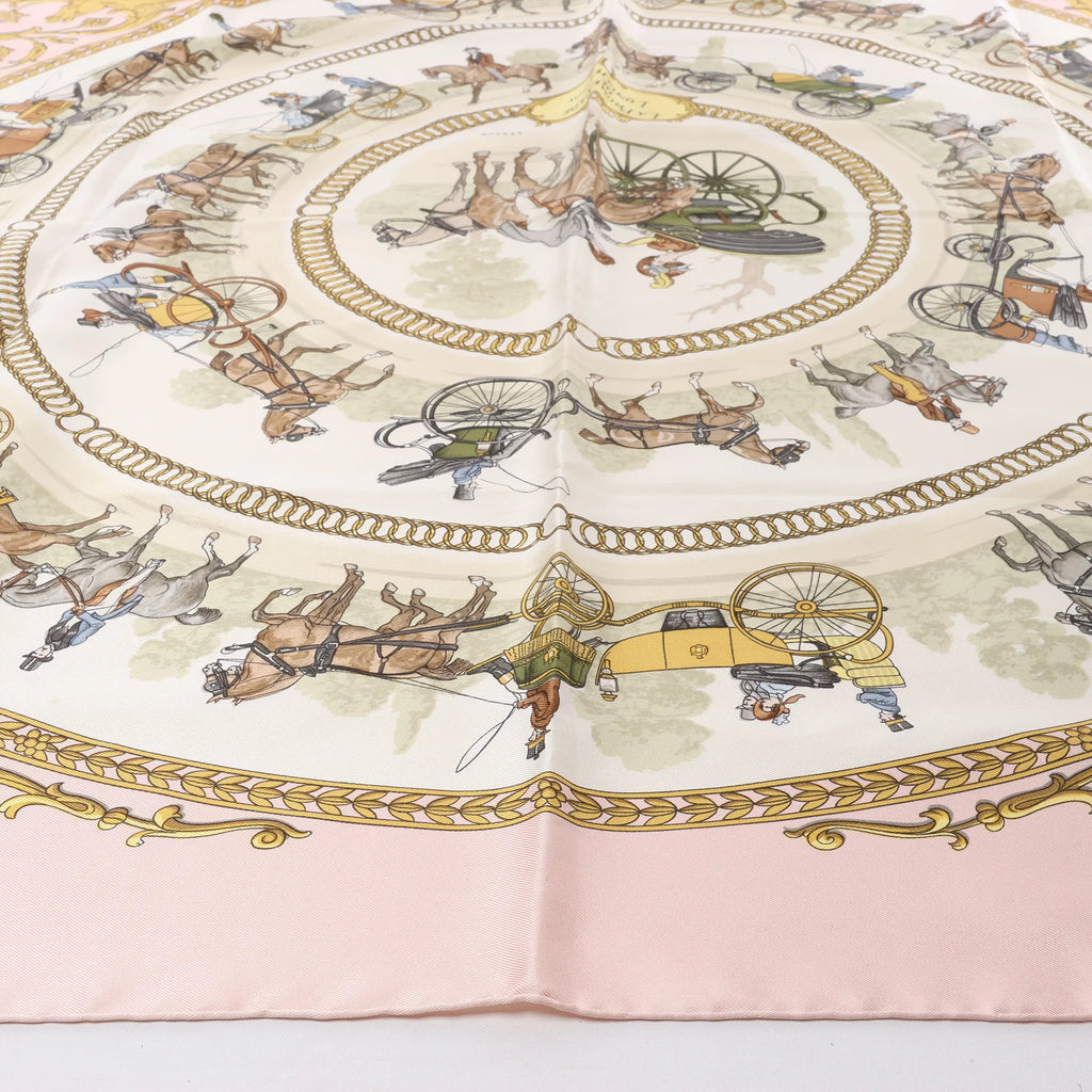 Hermès Carré 90 "LA PROMENADE DE LONGCHAMPS" 100% Silk Scarf in Pink