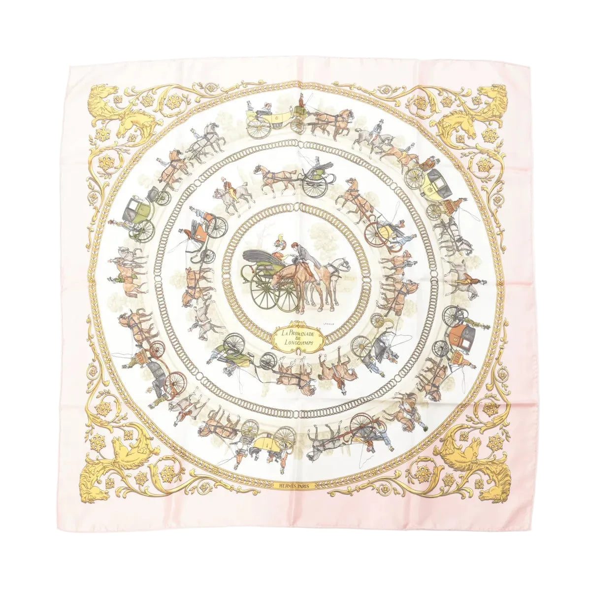 Hermès Carré 90 pink silk scarf with circular carriage and horse illustrations and ornate gold border, laid flat
