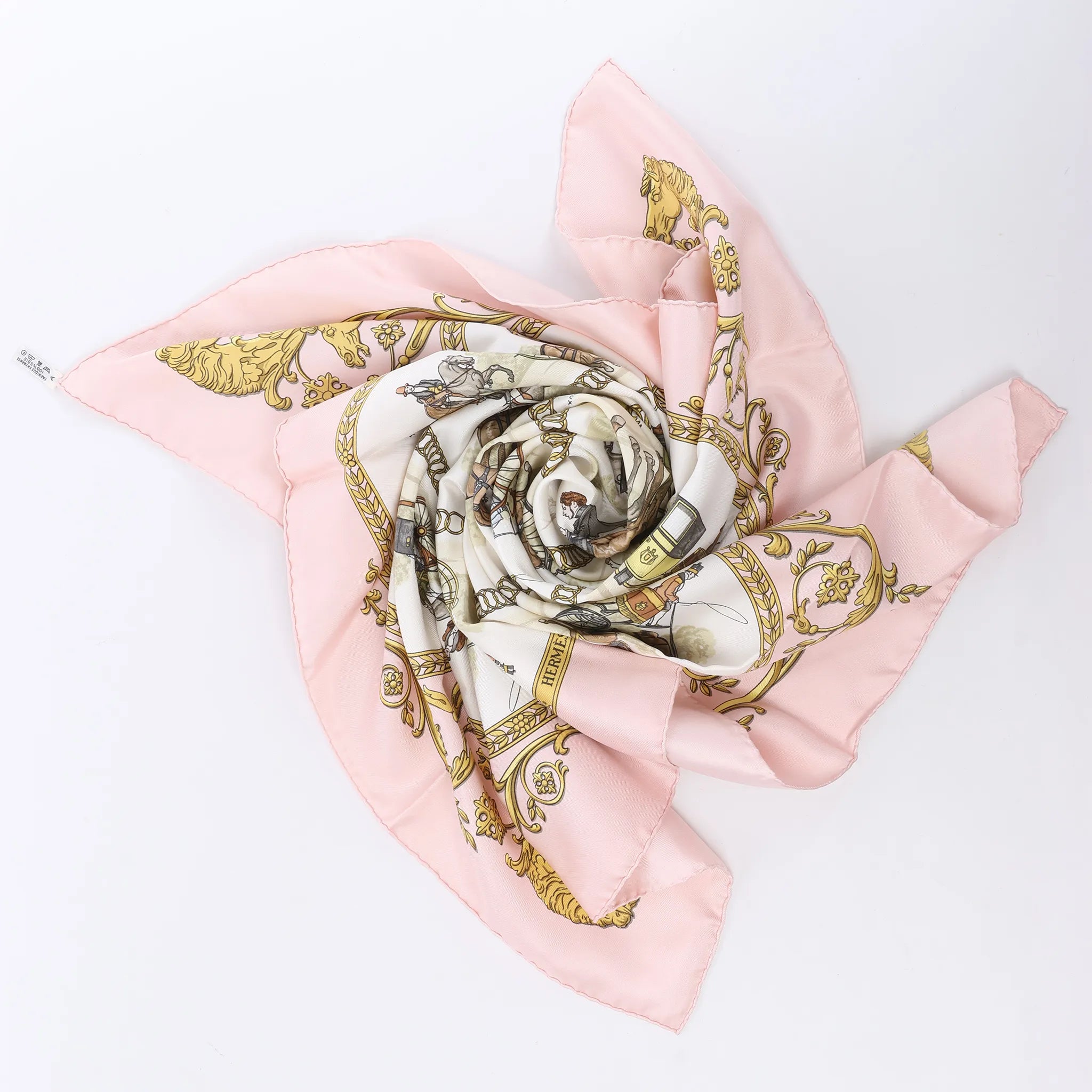 Hermès Carré 90 "LA PROMENADE DE LONGCHAMPS" Silk handkerchief in Pink