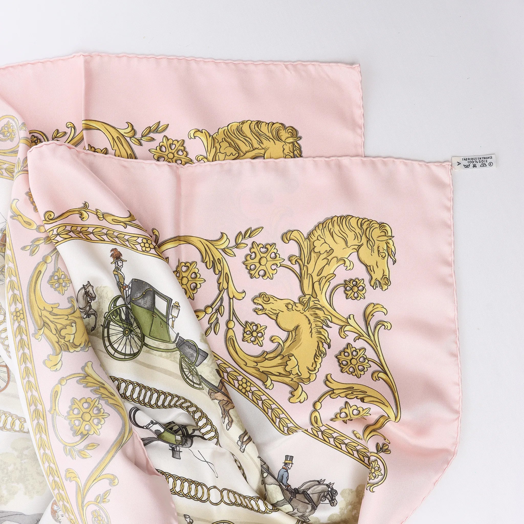 Hermès Carré 90 "LA PROMENADE DE LONGCHAMPS" Silk handkerchief in Pink